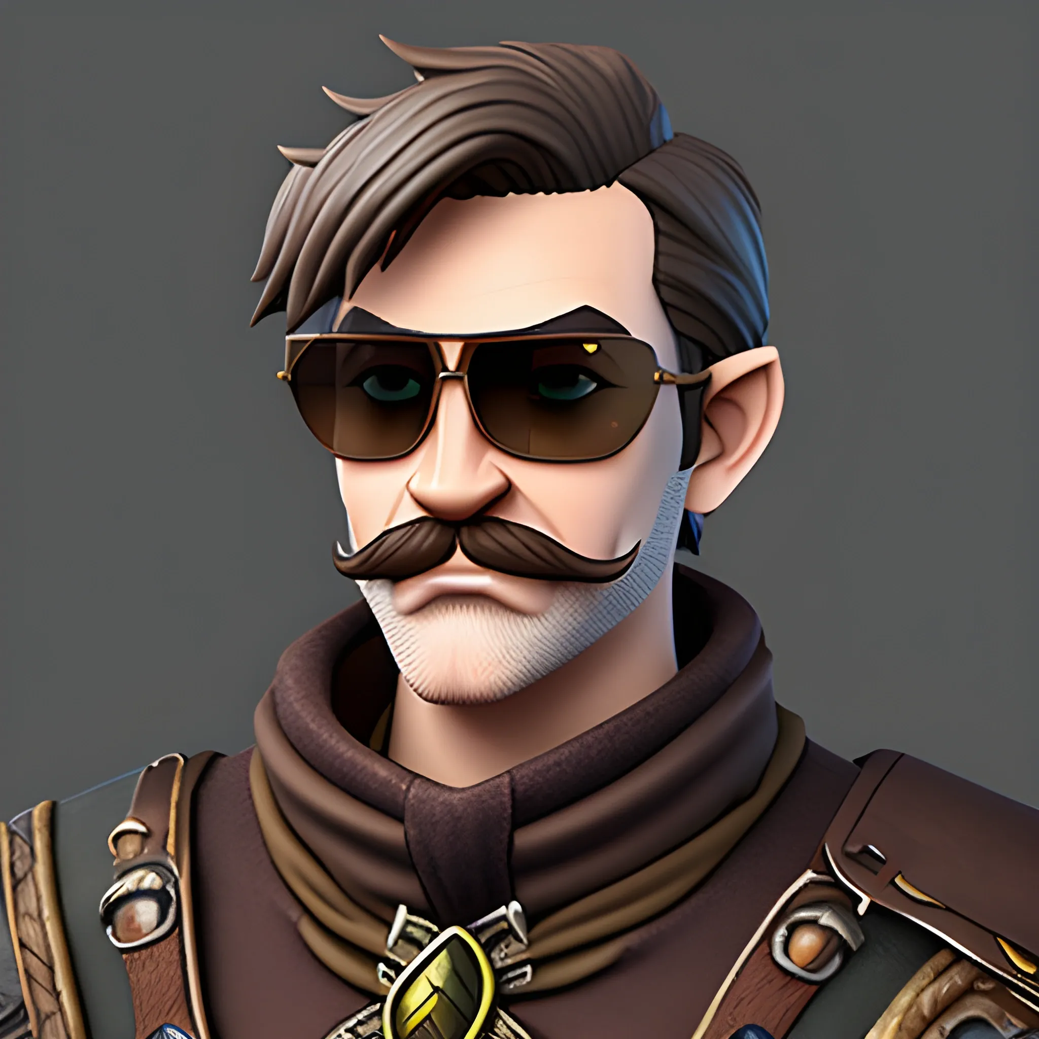 dungeons and dragons, rogue, epic, male, short, halfling, graying brown hair, sunglasses, thin mustache, cartoon, fantasy, 3D