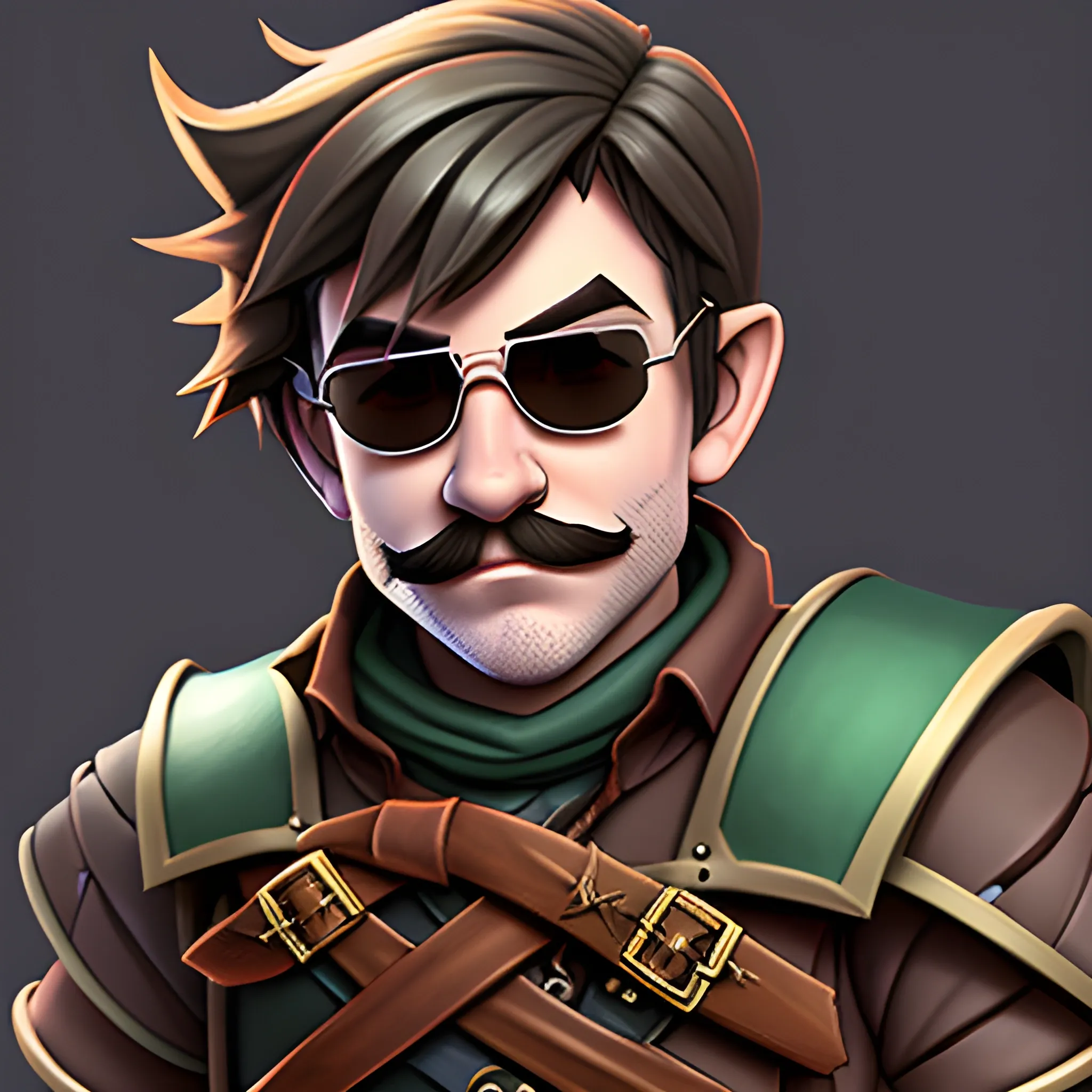 dungeons and dragons, rogue, epic, male, short, halfling, gray and brown hair, sunglasses, thin mustache, cartoon, fantasy, 3D