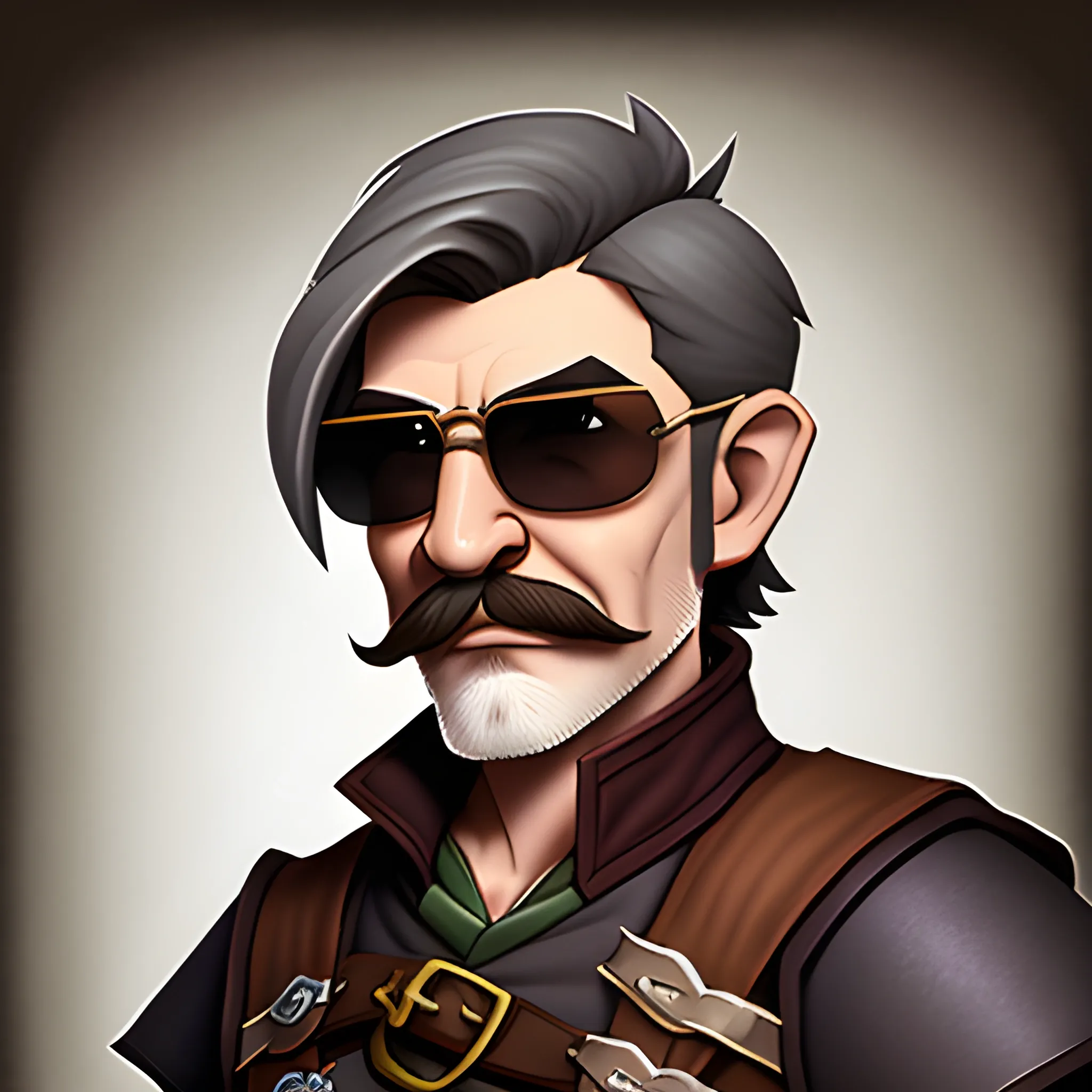 dungeons and dragons, rogue, epic, older, male, short, halfling, gray and brown hair, sunglasses, thin mustache, cartoon, fantasy, 3D