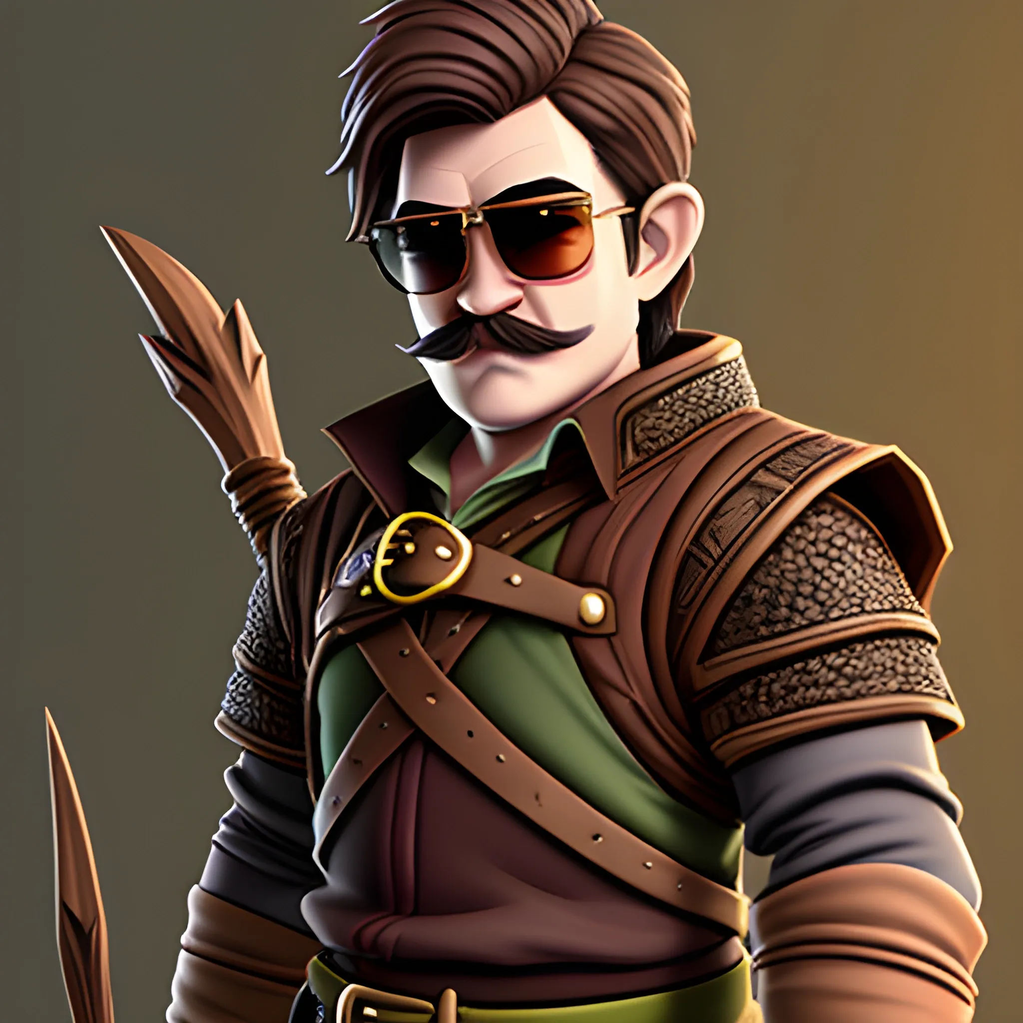 dungeons and dragons, rogue, epic, older, male, short, halfling, graing brown hair, sunglasses, thin mustache, cartoon, fantasy, 3D