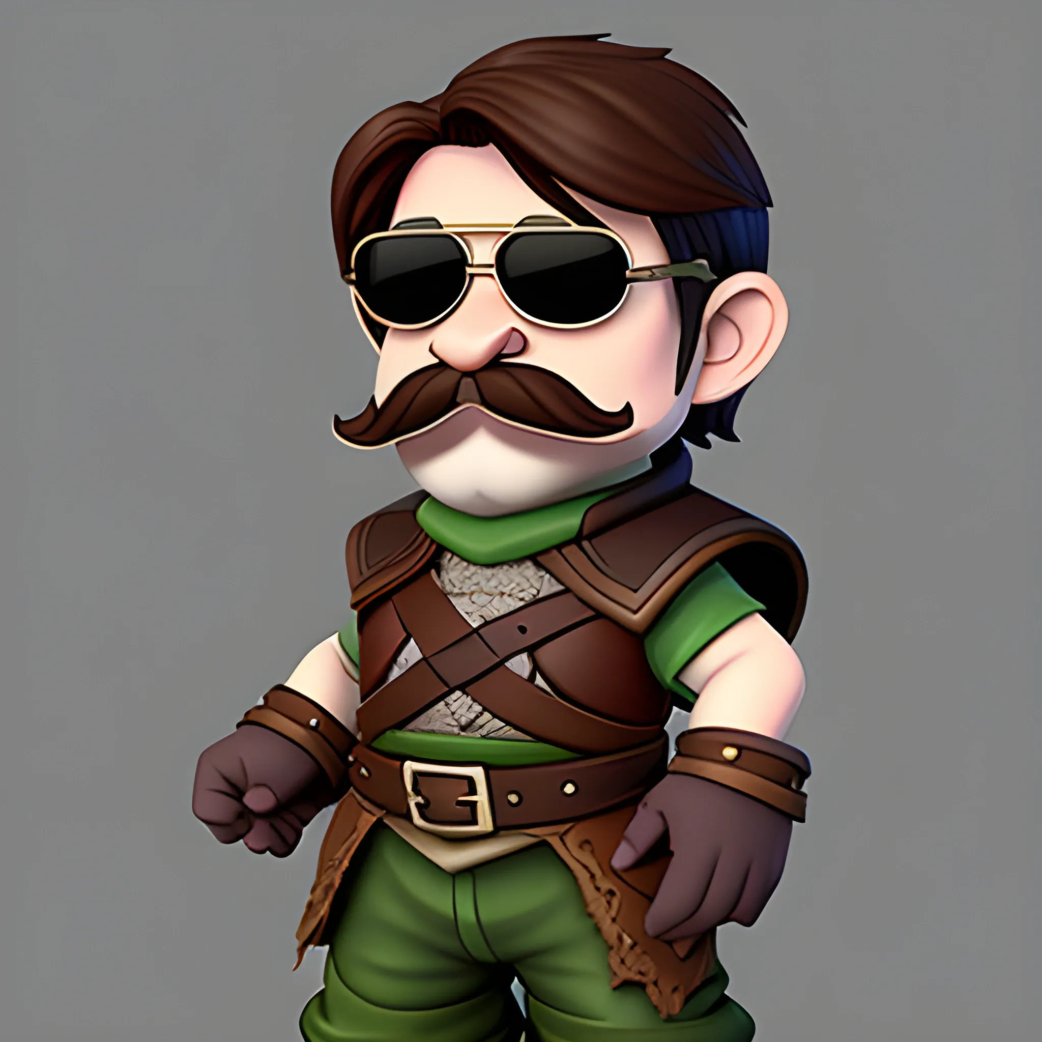 dungeons and dragons, rogue, epic, older, male, short, halfling, graing brown hair, sunglasses, thin mustache, cartoon, fantasy, 3D