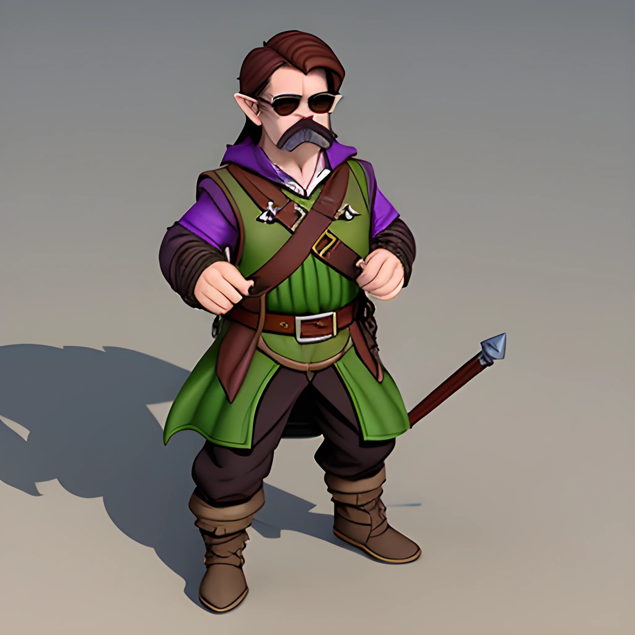 dungeons and dragons, rogue, epic, older, male, short, halfling, graing brown hair, sunglasses, thin mustache, cartoon, fantasy, 3D