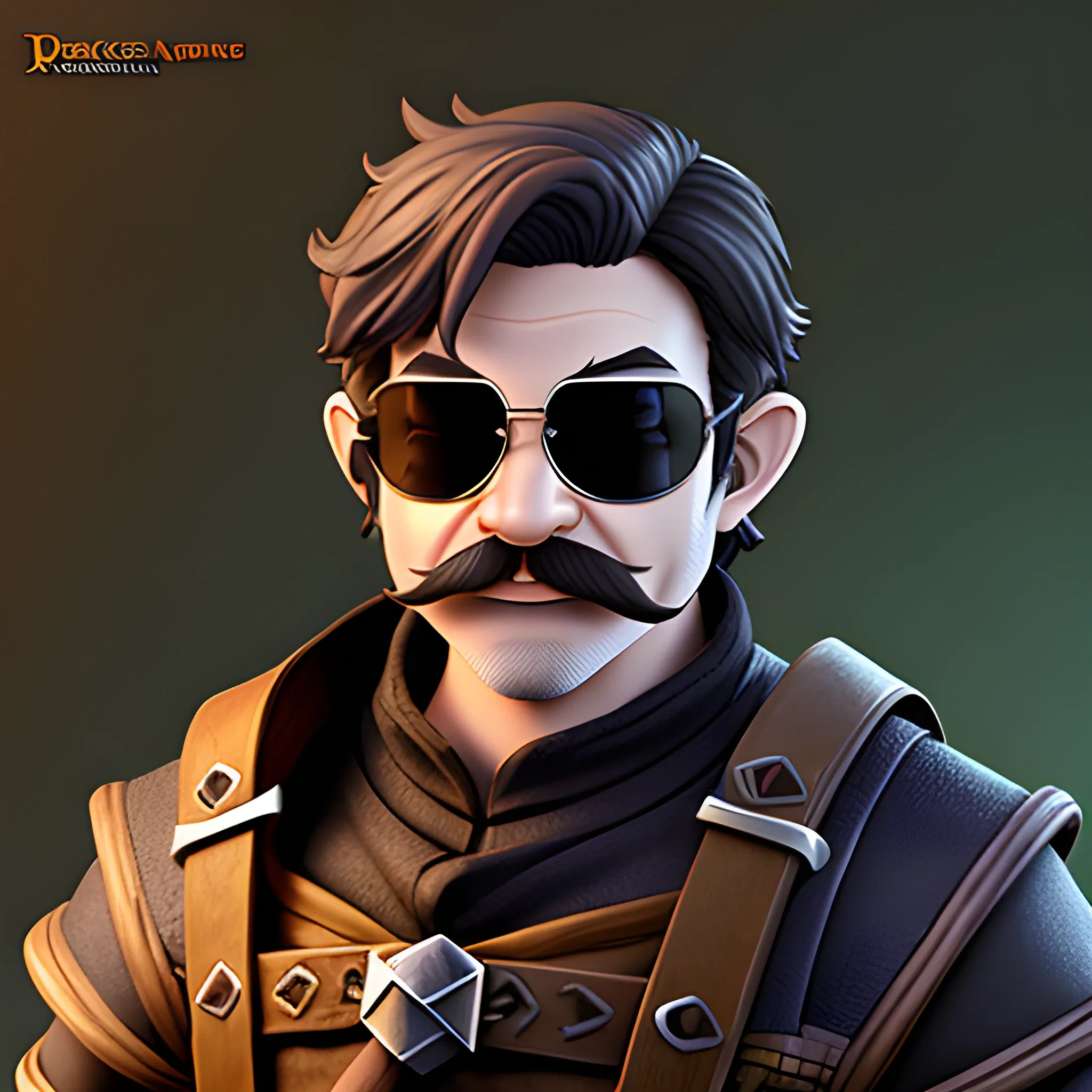 dungeons and dragons, rogue, epic, male, short, halfling, graying brown hair, sunglasses, thin mustache, cartoon, fantasy, 3D