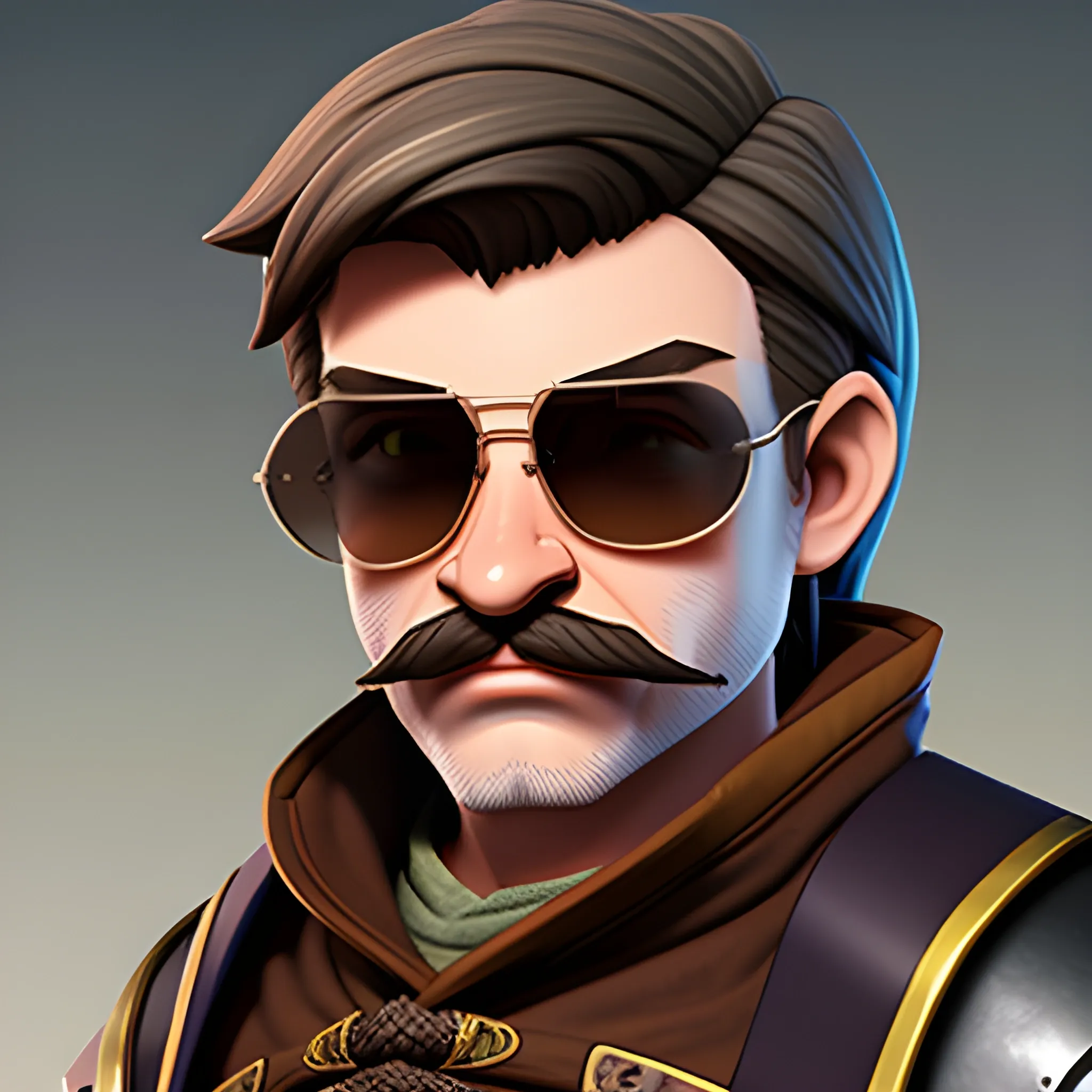 dungeons and dragons, rogue, epic, male, short, halfling, graying brown hair, sunglasses, thin mustache, cartoon, fantasy, 3D