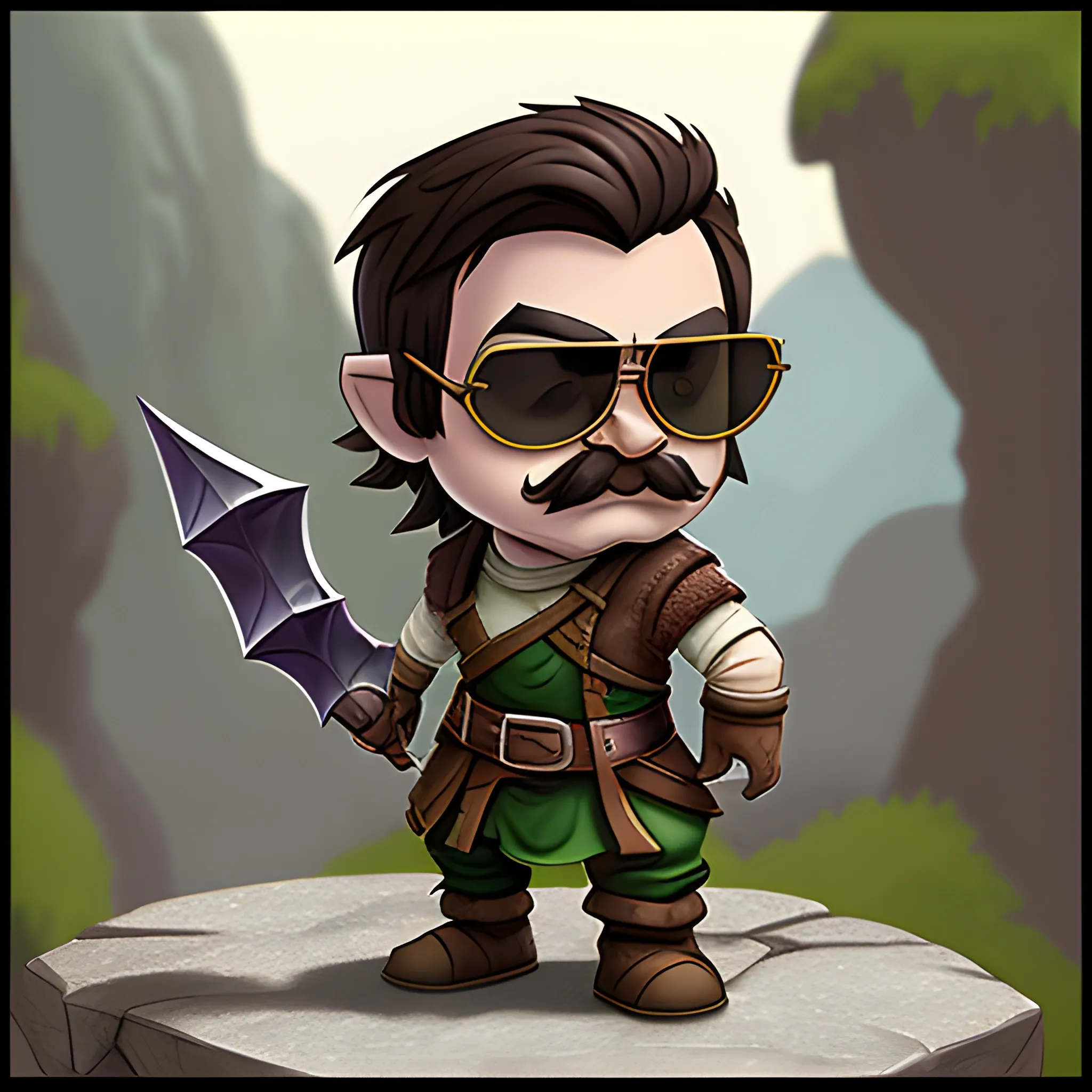 dungeons and dragons, rogue, epic, male, short, halfling, graying brown hair, sunglasses, thin mustache, cartoon, fantasy, 3D