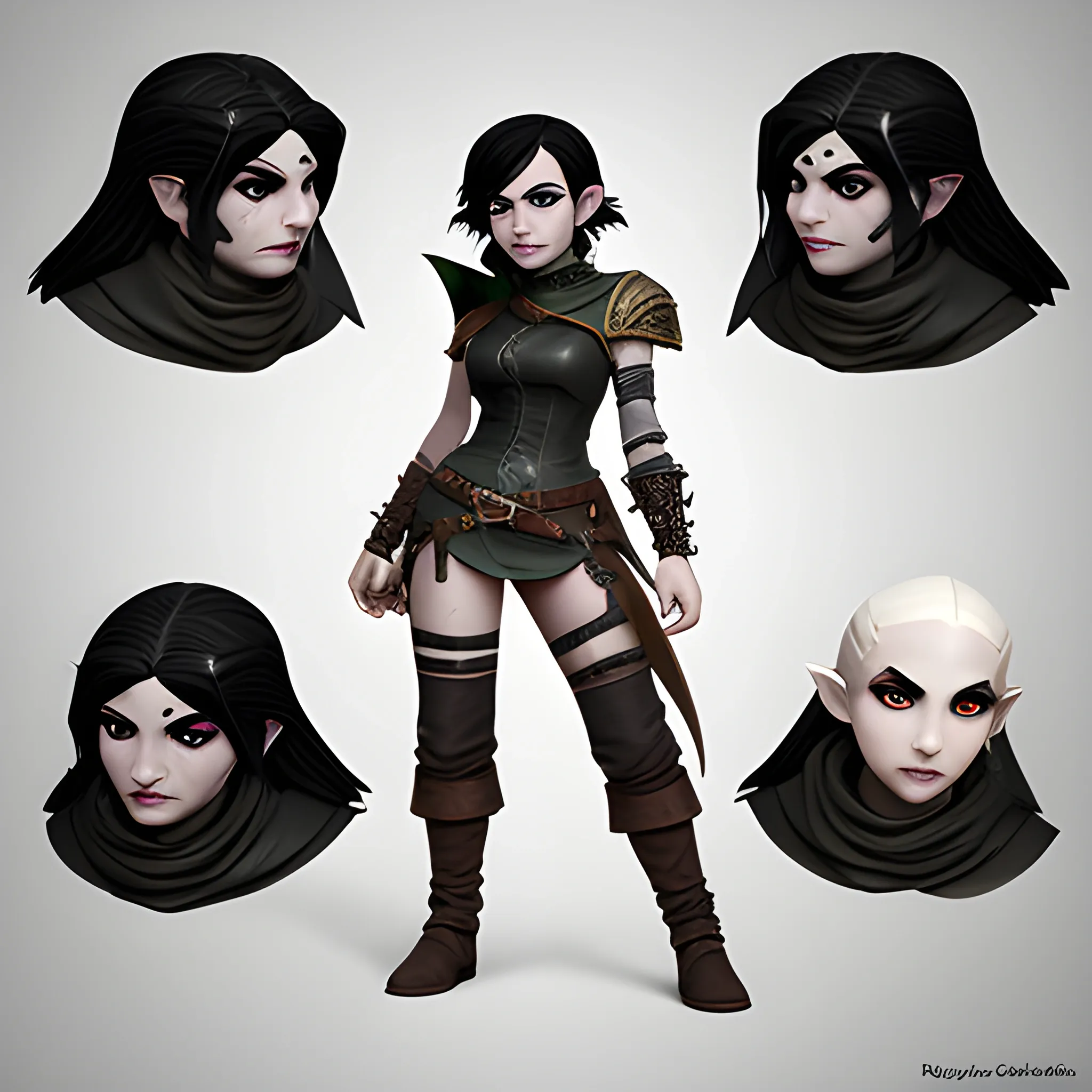 dungeons and dragons, rogue, epic, female, goth, pale, short, halfling, black hair, facial scar, cartoon, fantasy, 3D