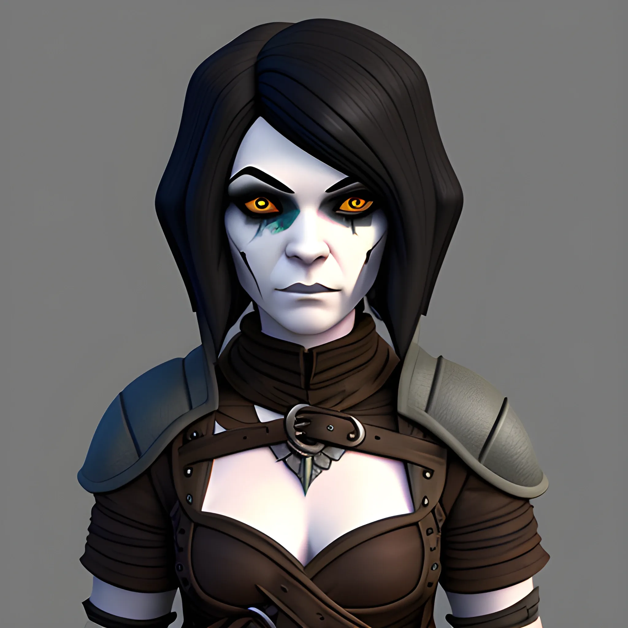 dungeons and dragons, rogue, epic, female, goth, pale, short, halfling, black hair, facial scar, cartoon, fantasy, 3D