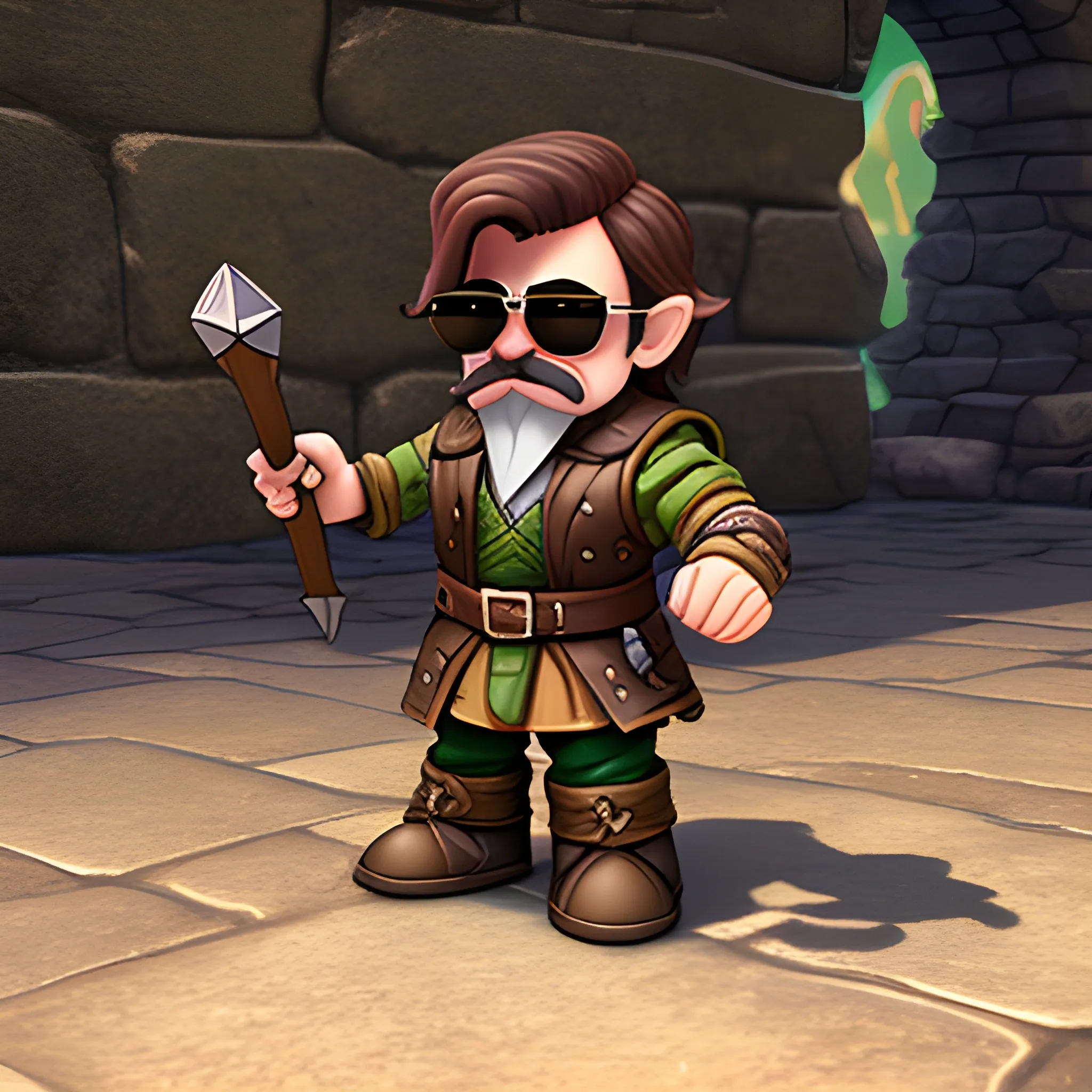 dungeons and dragons, rogue, epic, male, short, halfling, graying brown hair, sunglasses, mustache, cartoon, fantasy, 3D