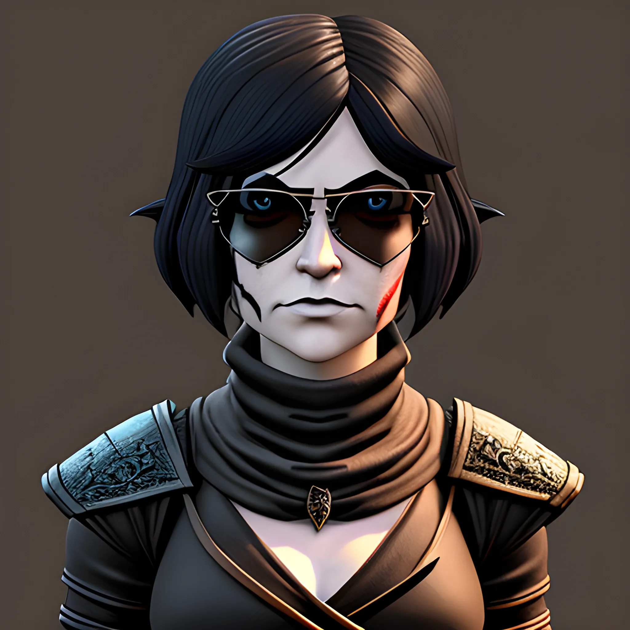 dungeons and dragons, rogue, epic, female, goth, short, halfling, black hair, sunglasses, facial scar, cartoon, fantasy, 3D