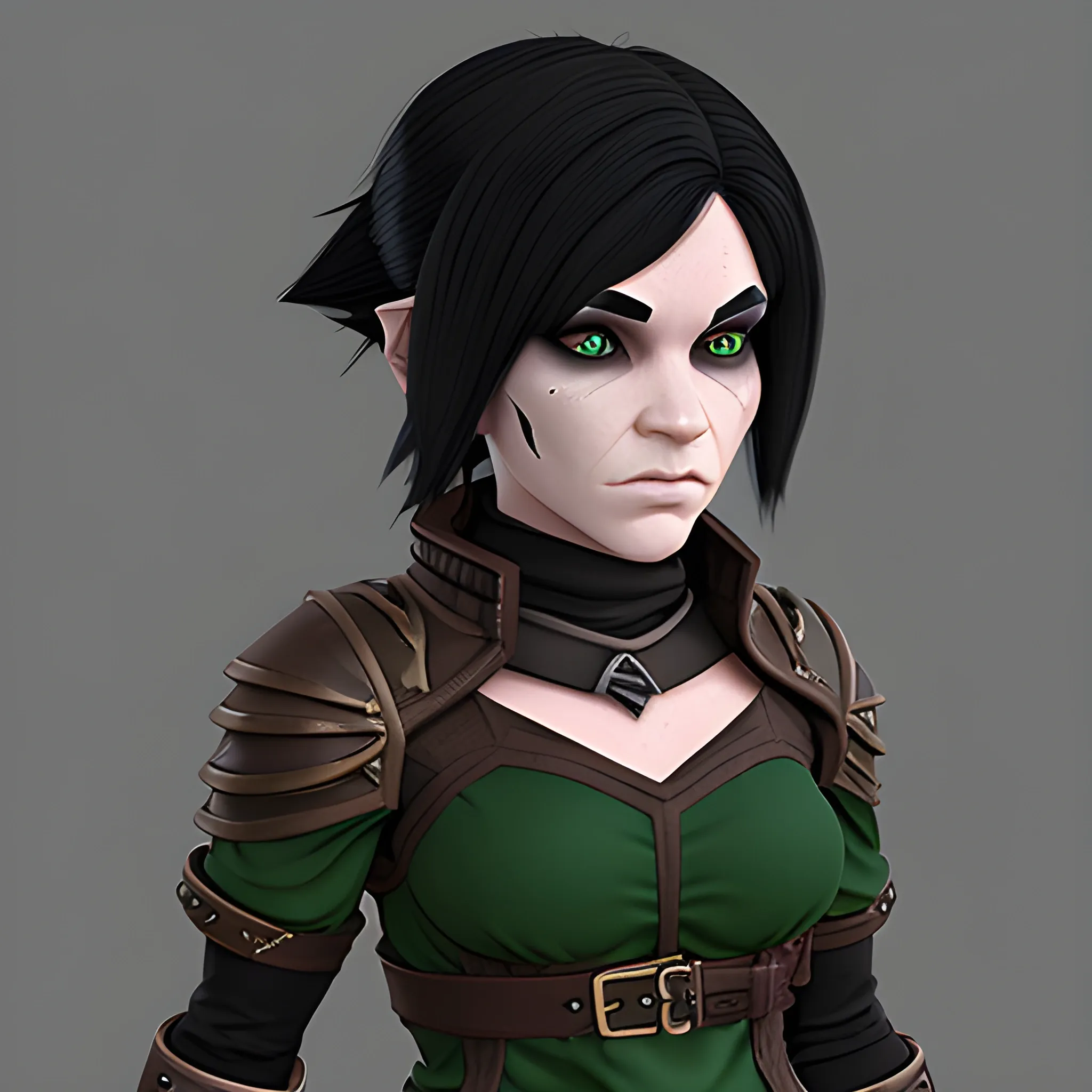 dungeons and dragons, rogue, epic, female, goth, short, halfling, black hair, facial scar, cartoon, fantasy, 3D