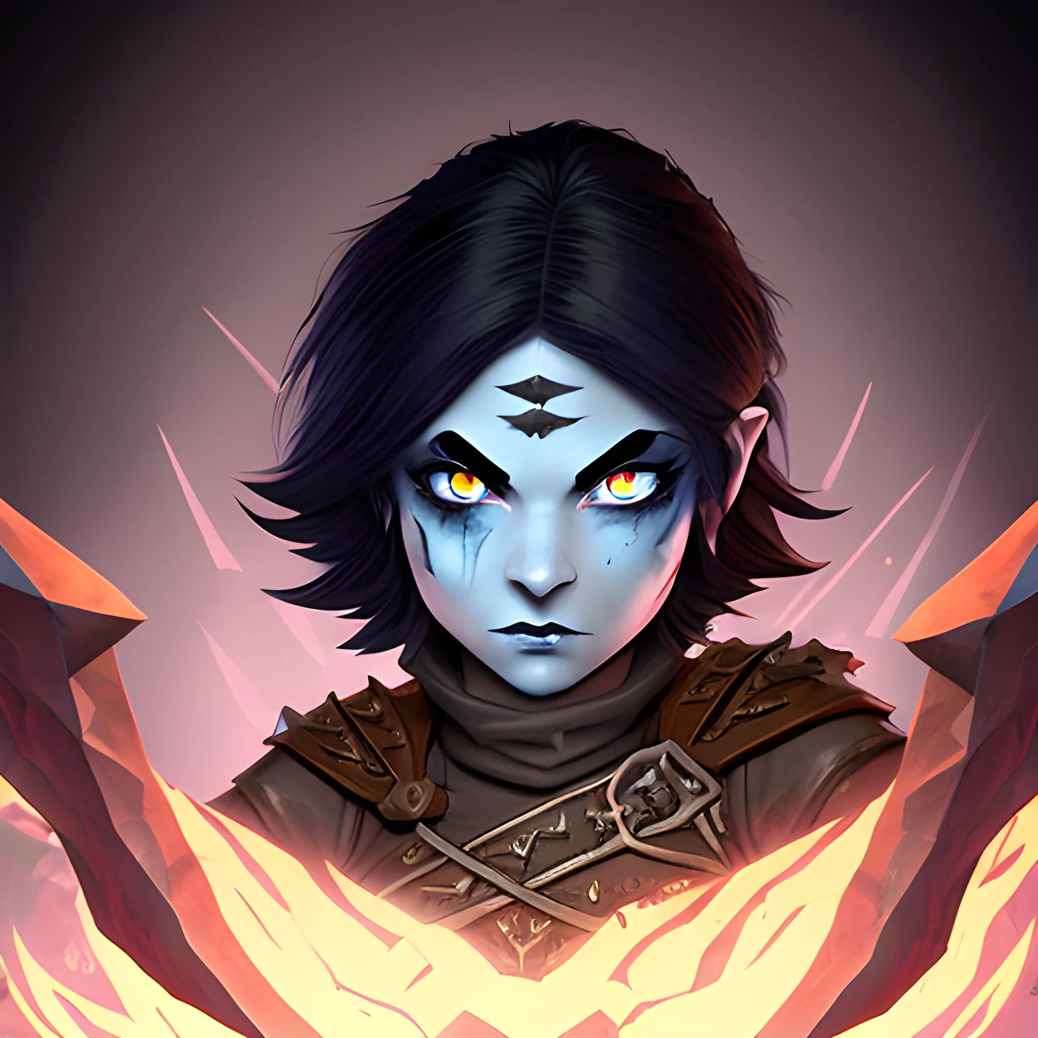 dungeons and dragons, adventurer, epic, female, pale, goth, short, halfling, black hair, facial scar, blue eyes, cartoon, fantasy, 3D