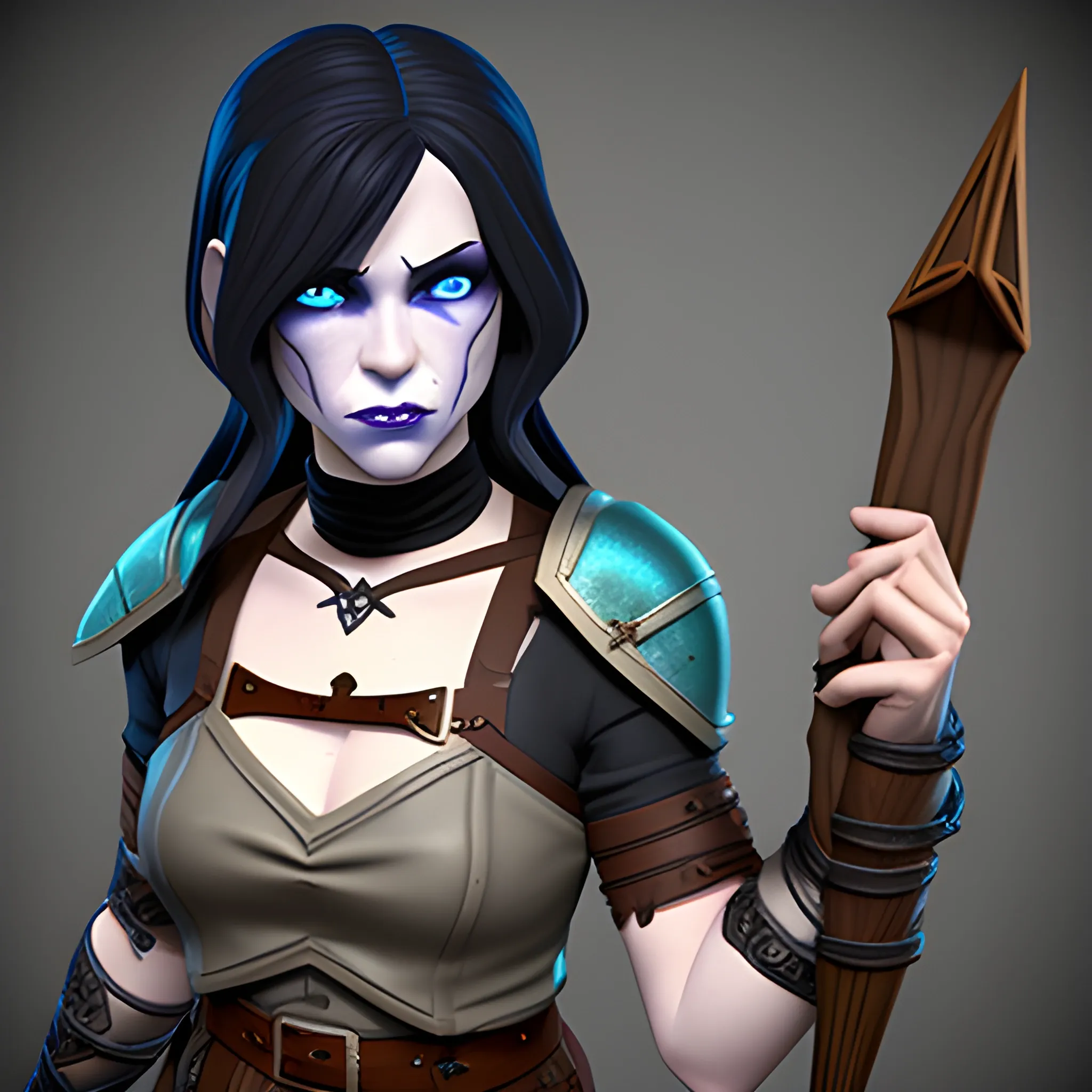 dungeons and dragons, rogue, epic, female, pale, goth, short, halfling, black hair, facial scar, blue eyes, cartoon, fantasy, 3D