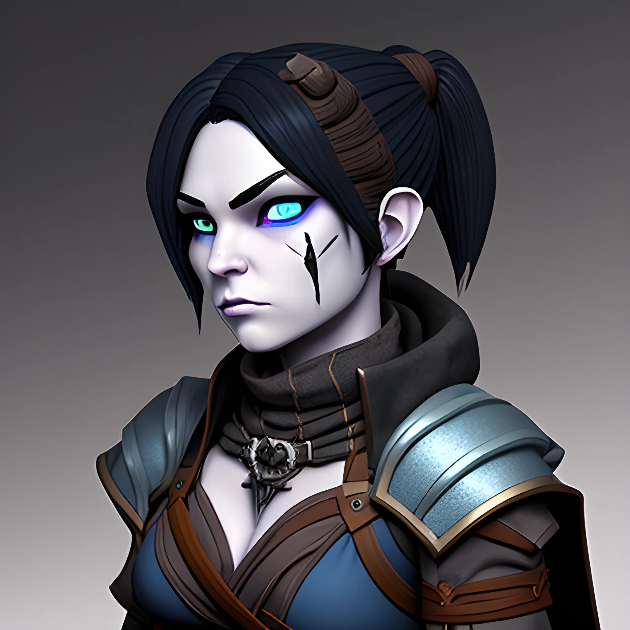 dungeons and dragons, rogue, epic, female, pale, goth, short, halfling, black hair, facial scar, blue eyes, cartoon, fantasy, 3D