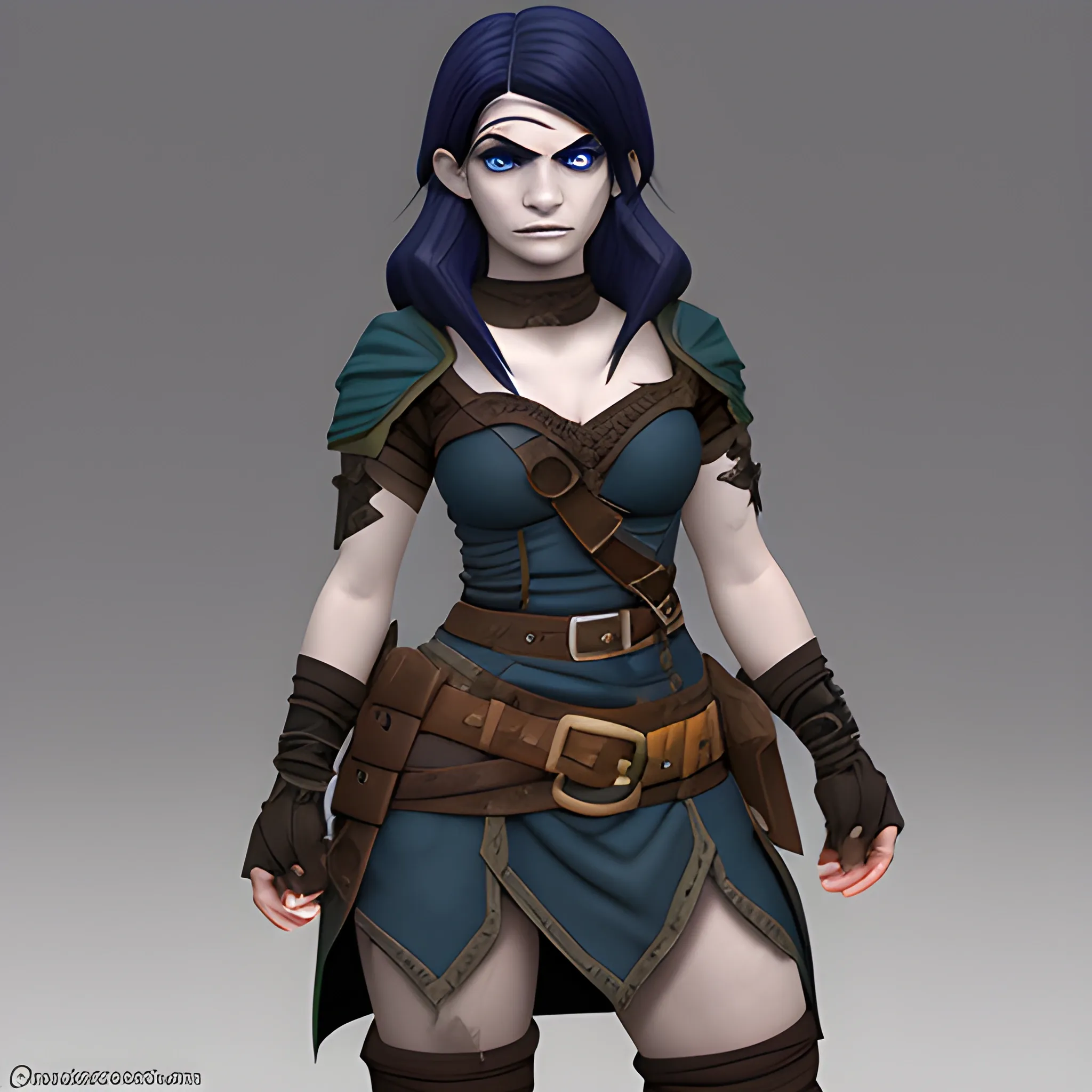 dungeons and dragons, rogue, epic, female, pale, goth, short, halfling, black hair, facial scar, dark blue eyes, cartoon, fantasy, 3D