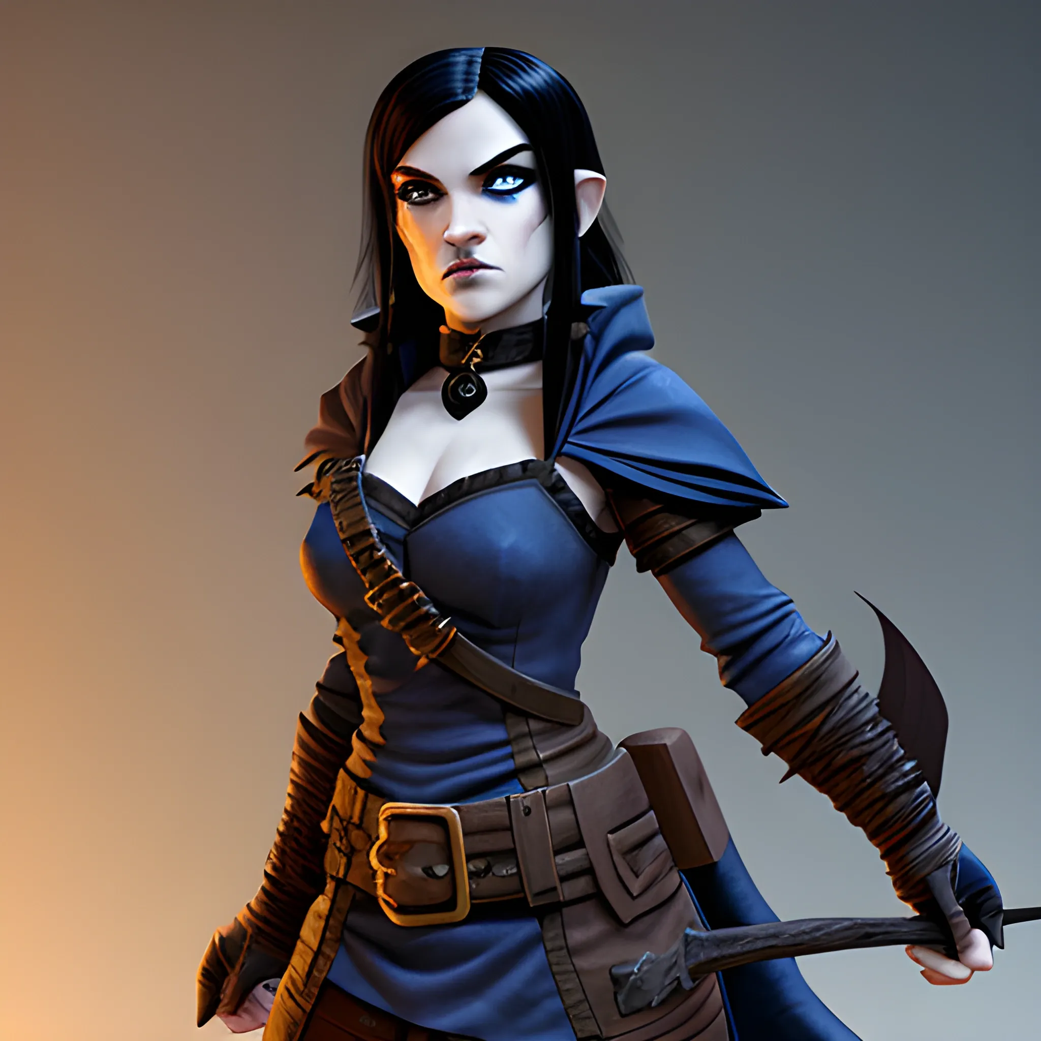 dungeons and dragons, rogue, epic, female, pale, goth, short, halfling, black hair, facial scar, dark blue eyes, cartoon, fantasy, 3D