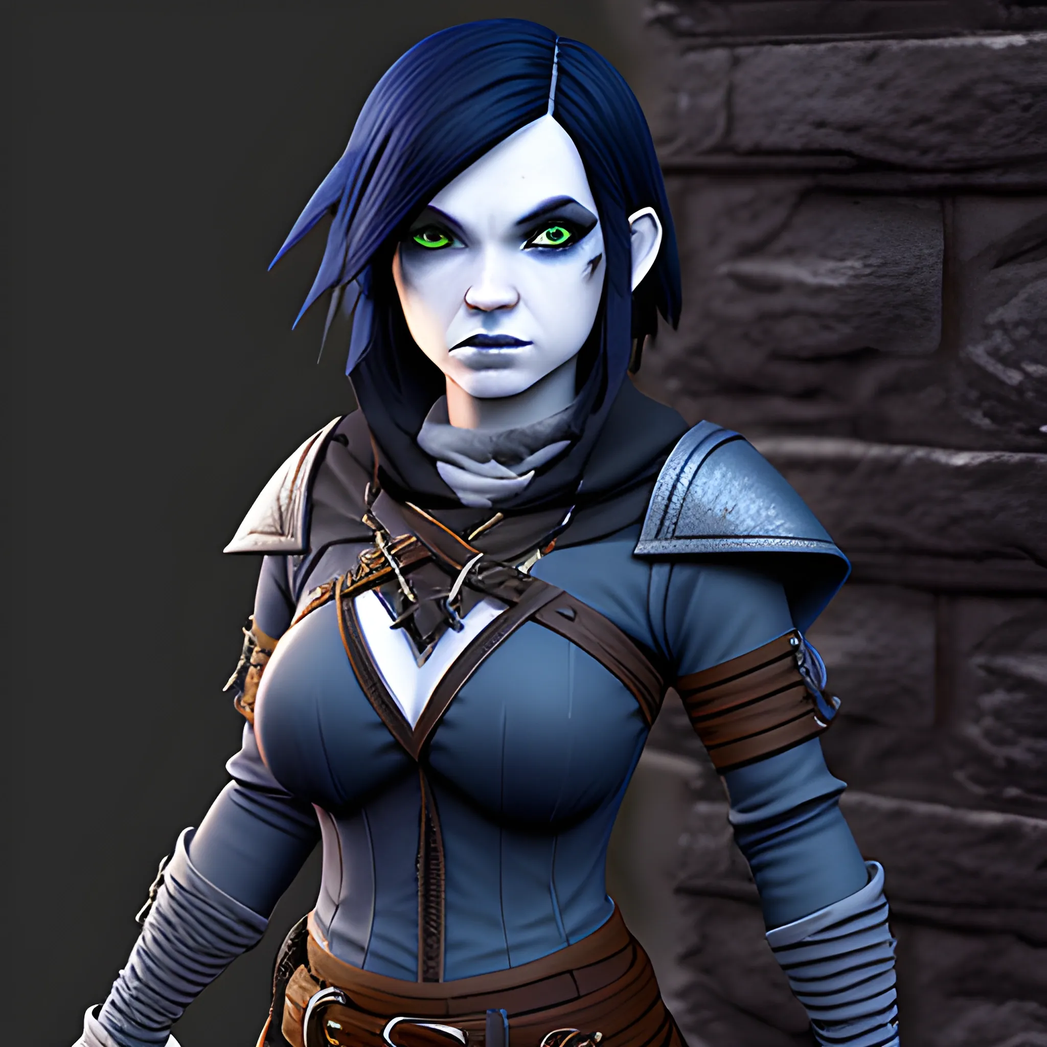 dungeons and dragons, rogue, epic, female, pale, goth, short, halfling, black hair, facial scar, dark blue eyes, cartoon, fantasy, 3D