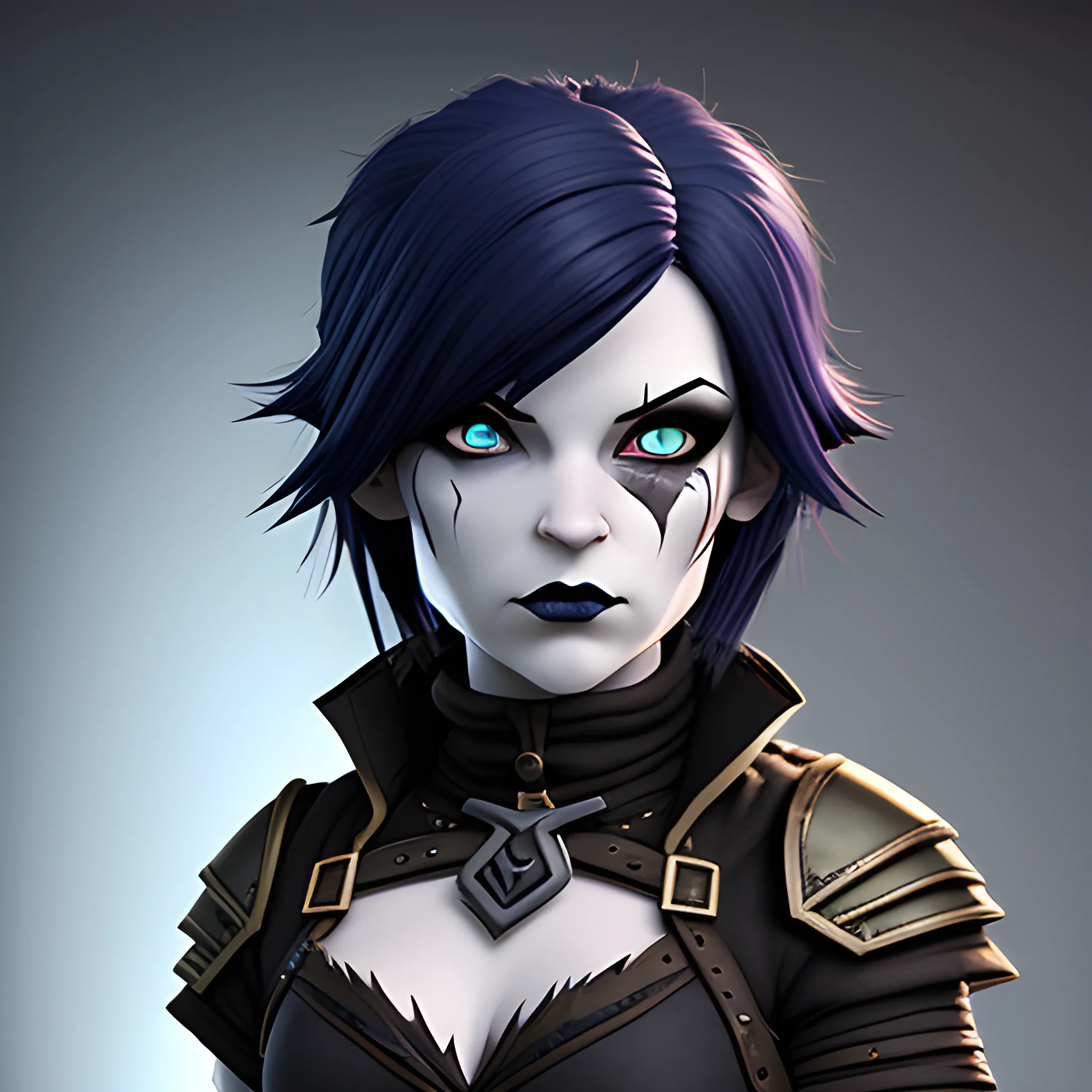 dungeons and dragons, rogue, epic, female, pale, goth, short, halfling, black hair, large facial scar, dark blue eyes, cartoon, fantasy, 3D