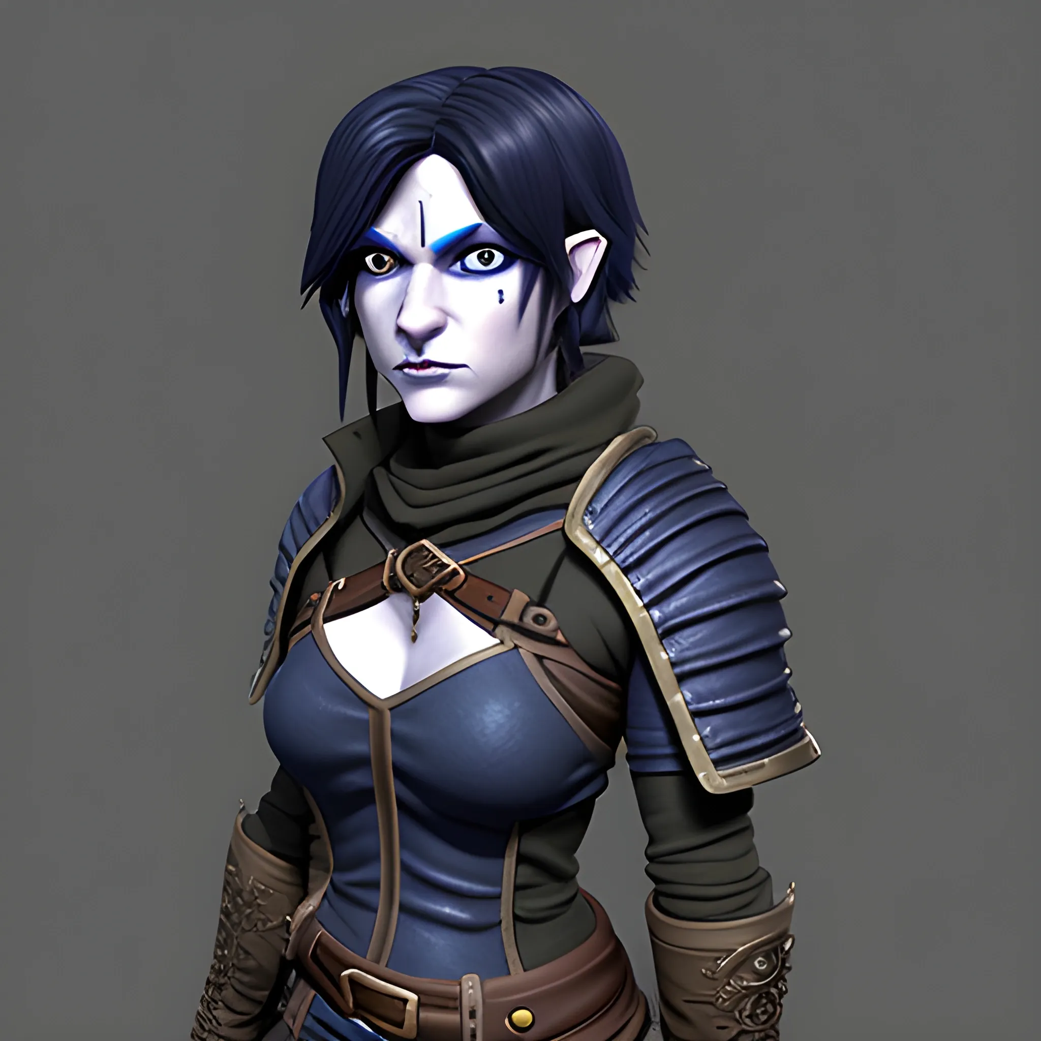 dungeons and dragons, rogue, epic, female, pale, goth, short, halfling, black hair, large facial scar, dark blue eyes, cartoon, fantasy, 3D