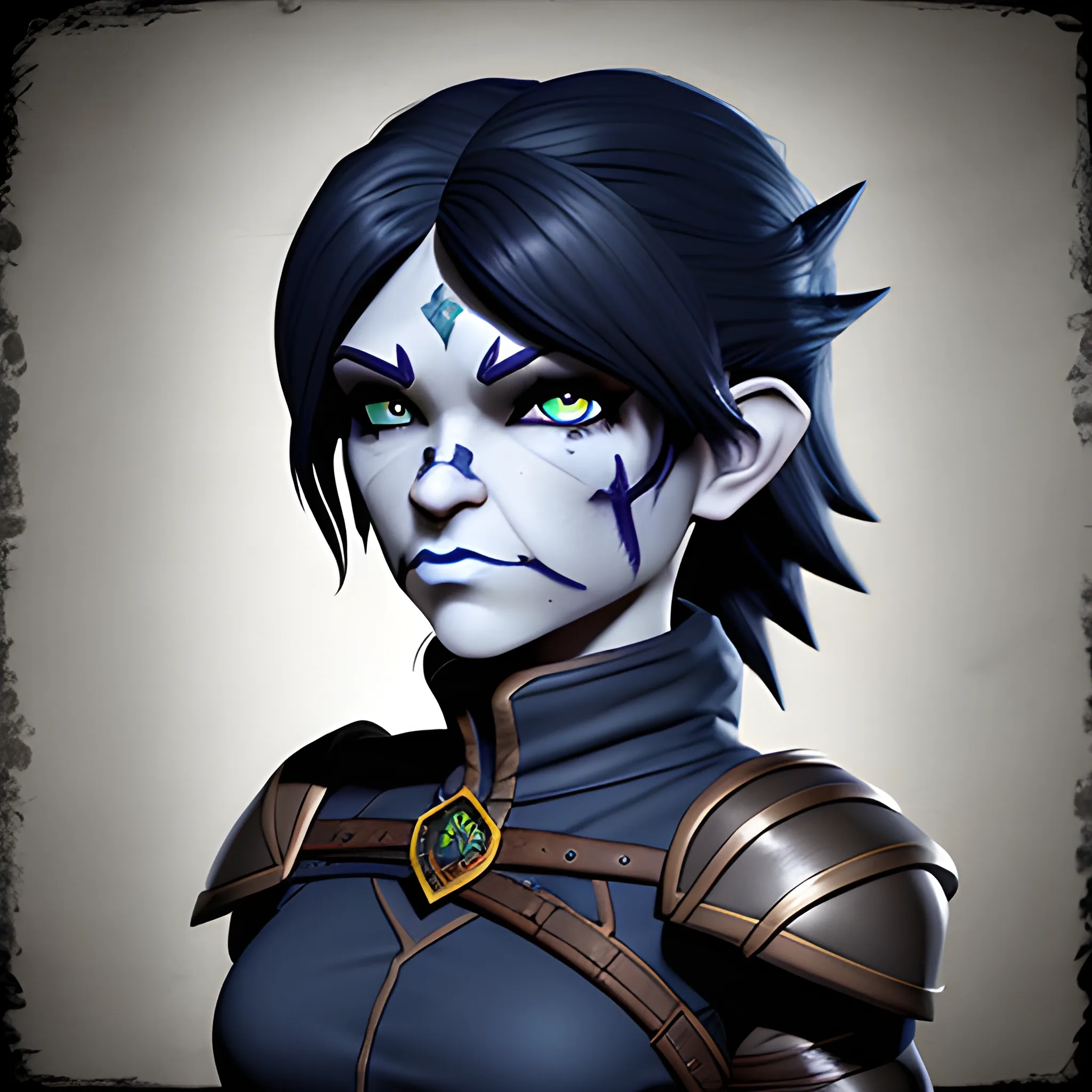 dungeons and dragons, rogue, epic, female, pale, goth, short, halfling, black hair, large massive facial scar, dark blue eyes, cartoon, fantasy, 3D