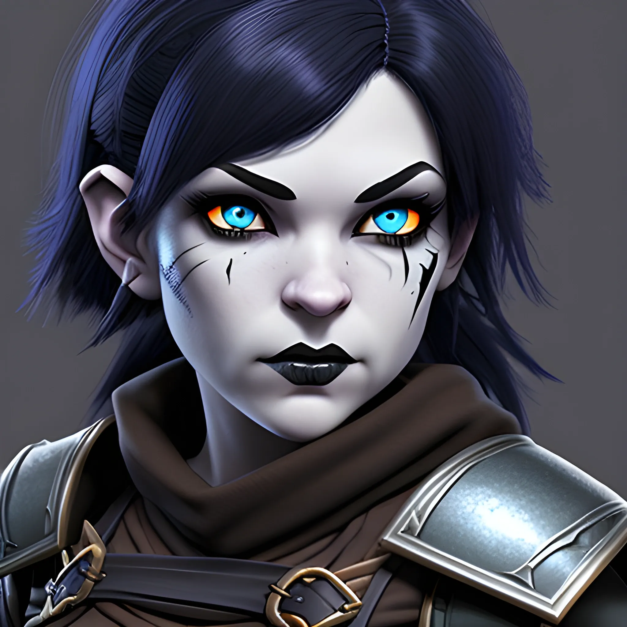 dungeons and dragons, rogue, epic, female, pale, goth, short, halfling, black hair, large massive facial scar, dark blue eyes, cartoon, fantasy, 3D