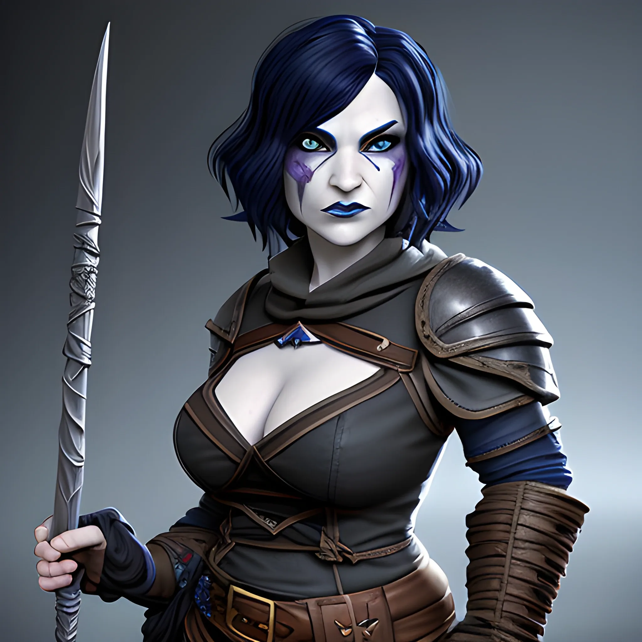 dungeons and dragons, rogue, epic, female, mature, pale, goth, short, halfling, black hair, large massive facial scar, dark blue eyes, cartoon, fantasy, 3D