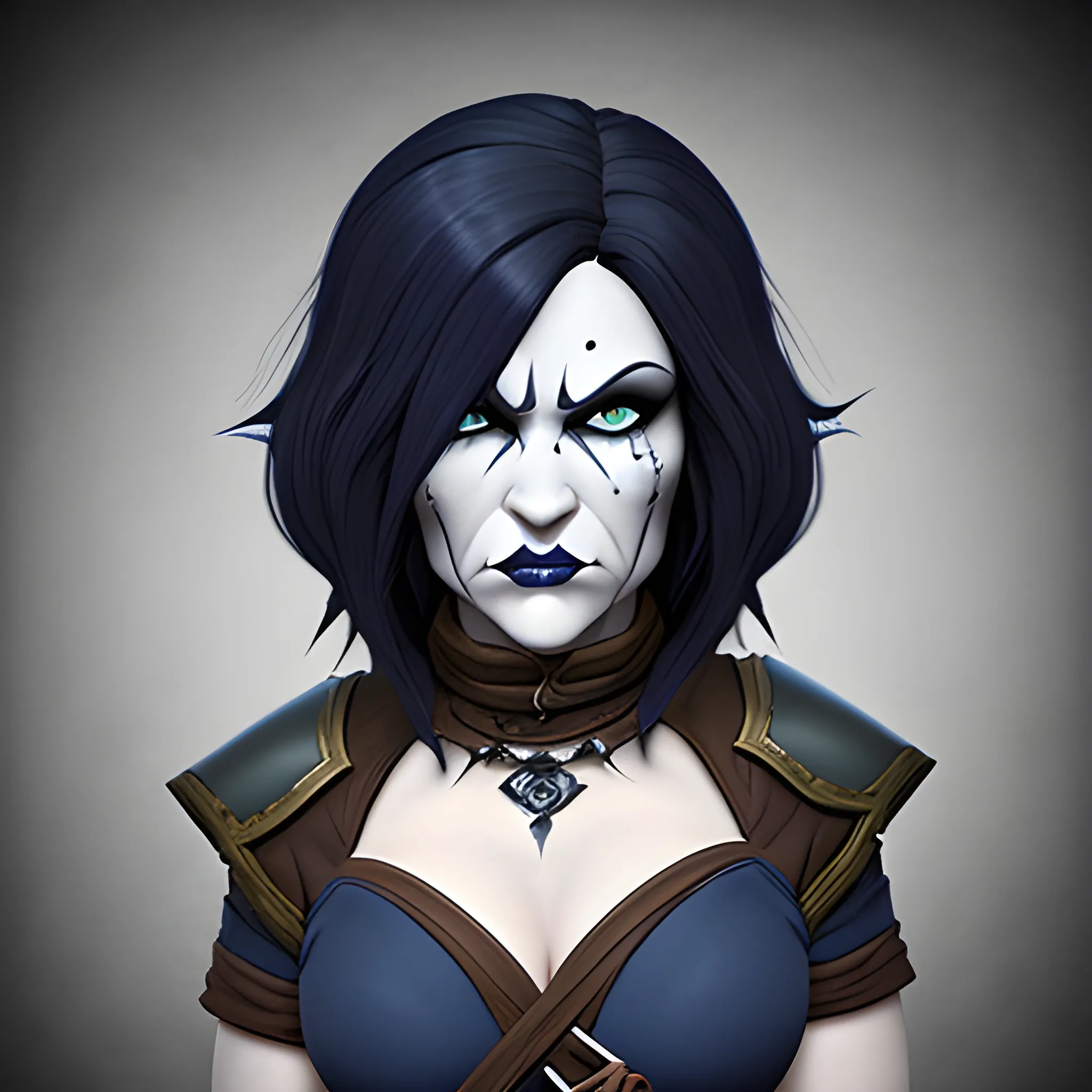 dungeons and dragons, rogue, epic, female, mature, pale, goth, short, halfling, black hair, large massive facial scar, dark blue eyes, cartoon, fantasy, 3D