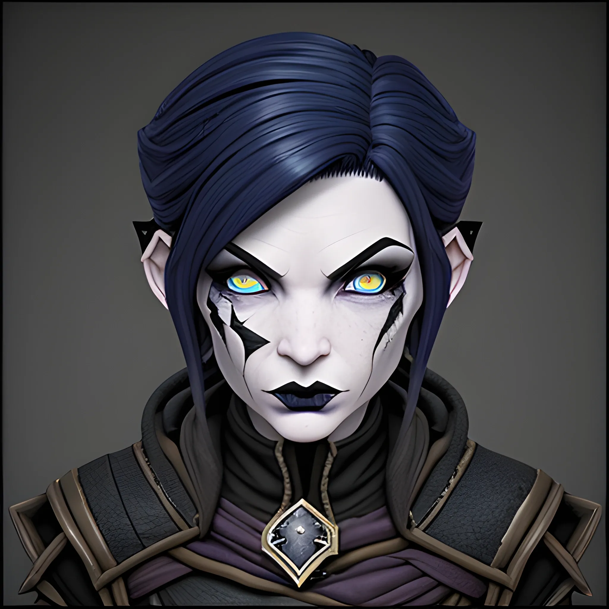 dungeons and dragons, rogue, epic, female, mature, pale, goth, short, halfling, black hair, large massive facial scar, dark blue eyes, cartoon, fantasy, 3D