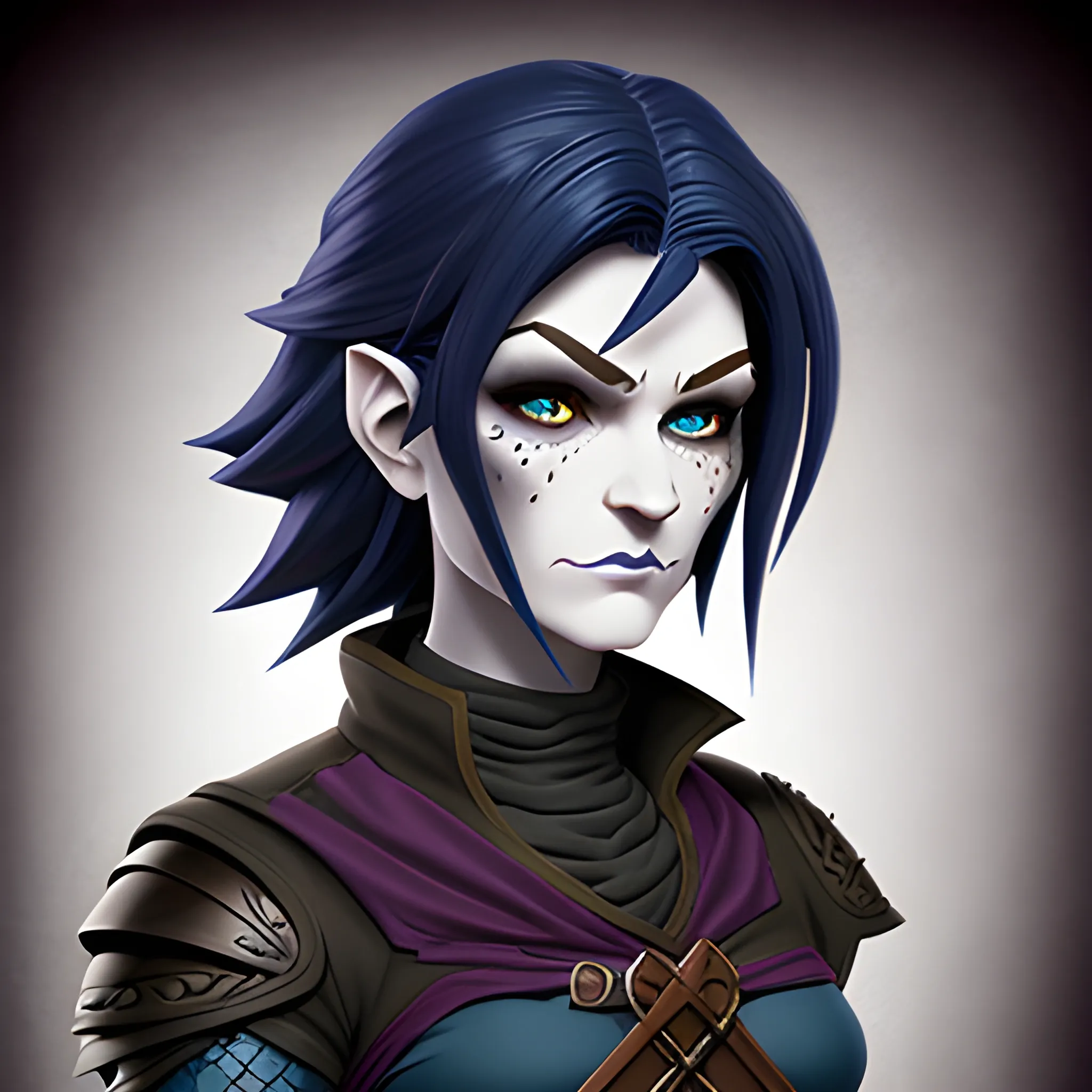 dungeons and dragons, rogue, epic, female, mature, pale, goth, short, halfling, black hair, large massive facial scar, dark blue eyes, cartoon, fantasy, 3D