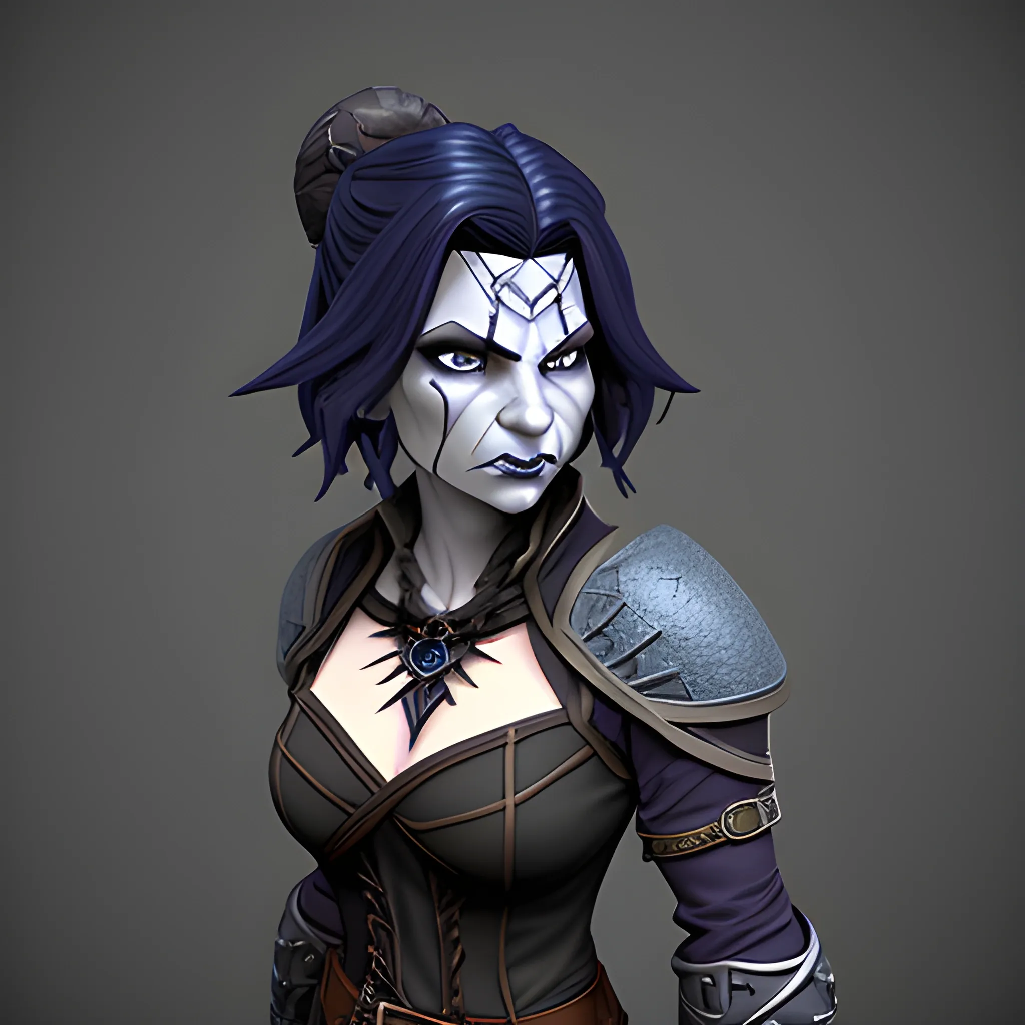 dungeons and dragons, rogue, epic, female, mature, pale, goth, short, halfling, black hair, slight frown, large massive facial scar, dark blue eyes, cartoon, fantasy, 3D