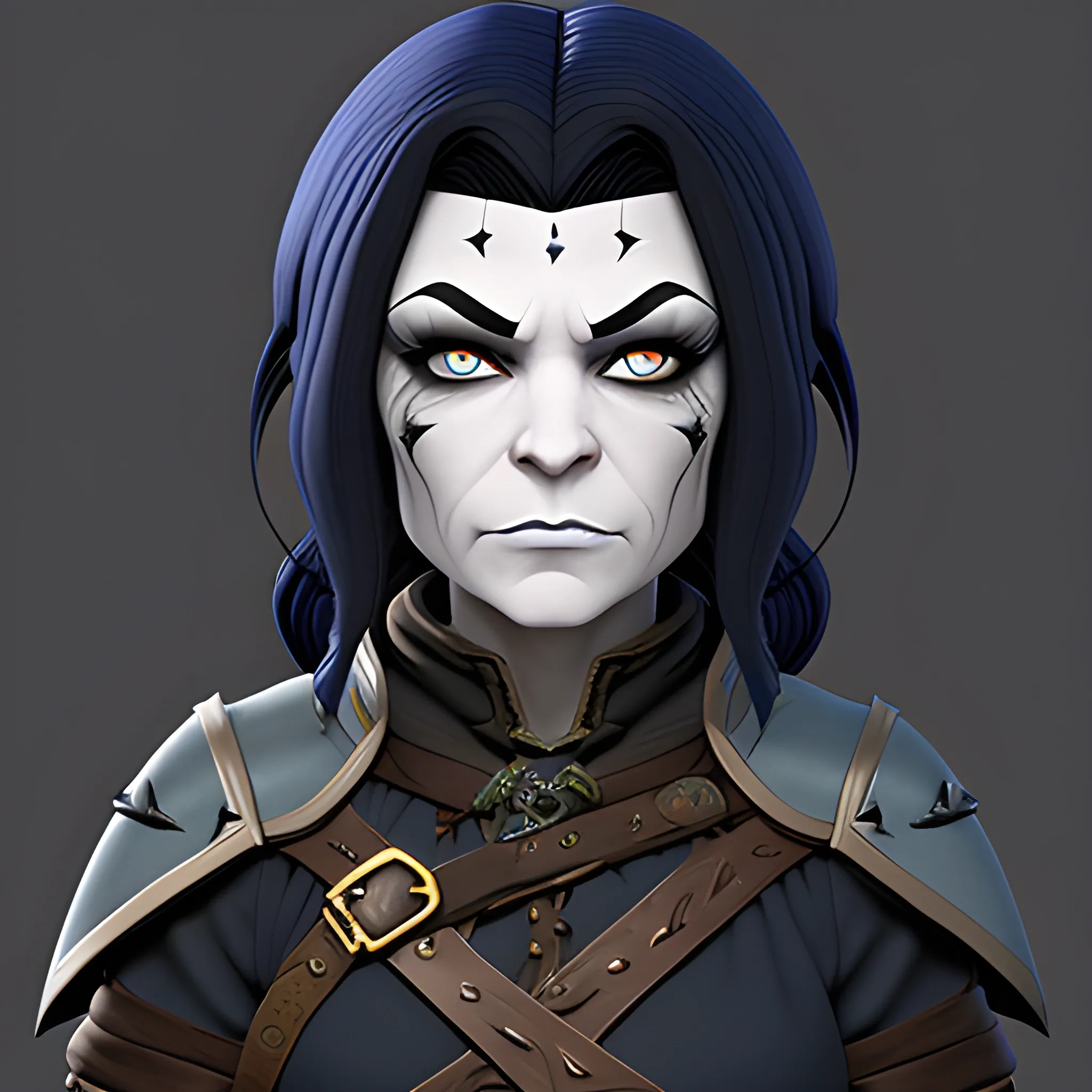 dungeons and dragons, rogue, epic, female, mature, pale, goth, short, halfling, black hair, slight frown, large massive facial scar, dark blue eyes, cartoon, fantasy, 3D