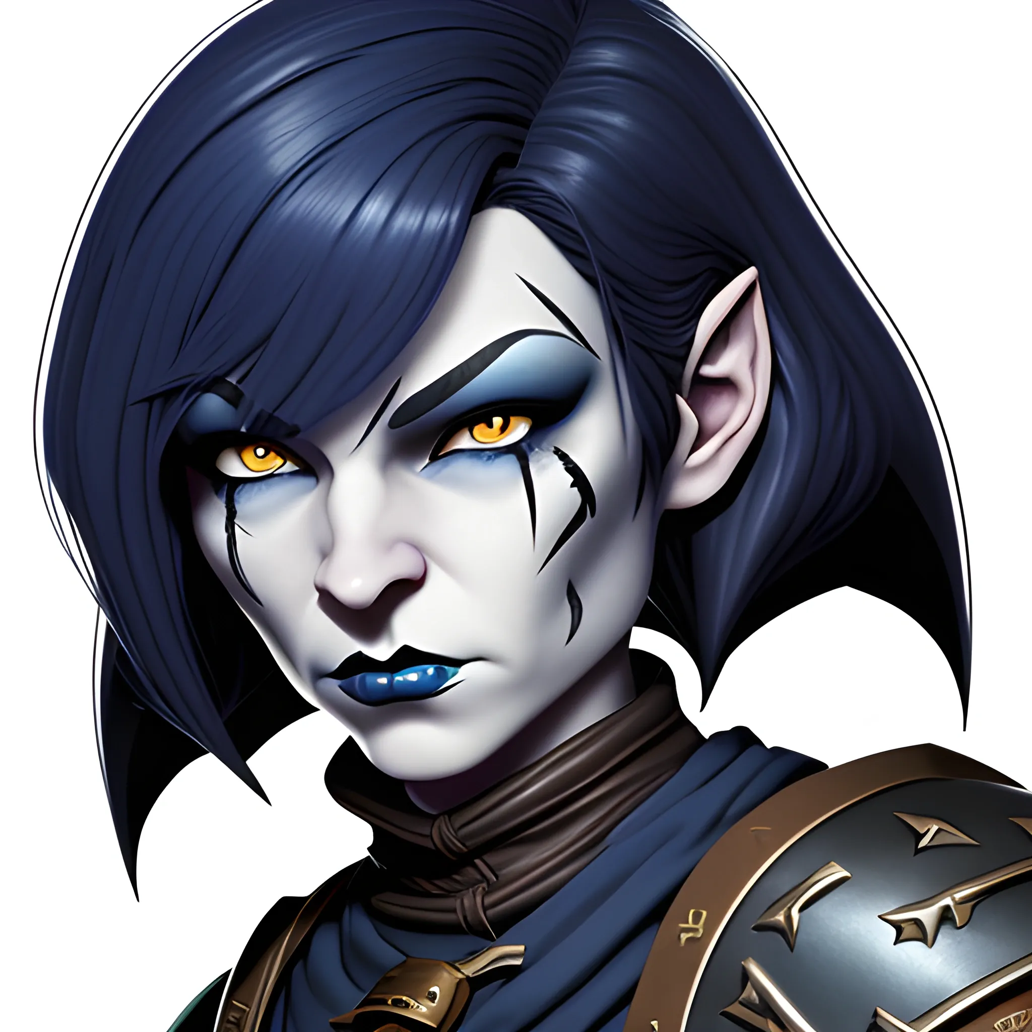 dungeons and dragons, rogue, epic, female, mature, pale, goth, short, halfling, black hair, slight frown, large massive facial scar across face, dark blue eyes, cartoon, fantasy, 3D