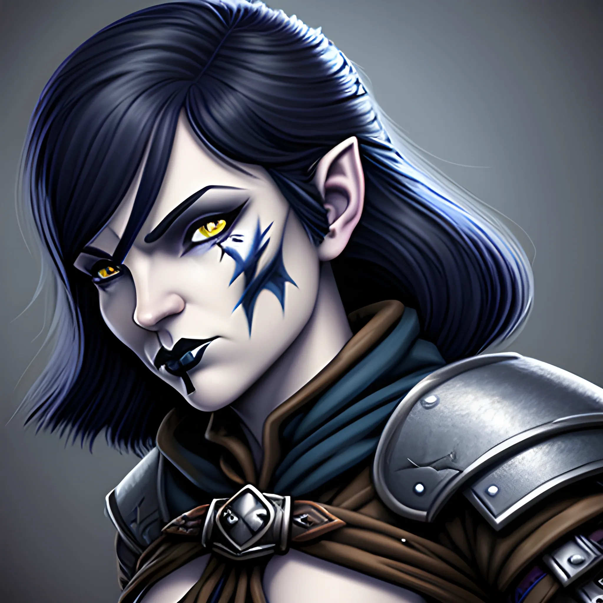 dungeons and dragons, rogue, epic, female, mature, pale, goth, short, halfling, black hair, slight frown, large massive scar across face, dark blue eyes, cartoon, fantasy, 3D