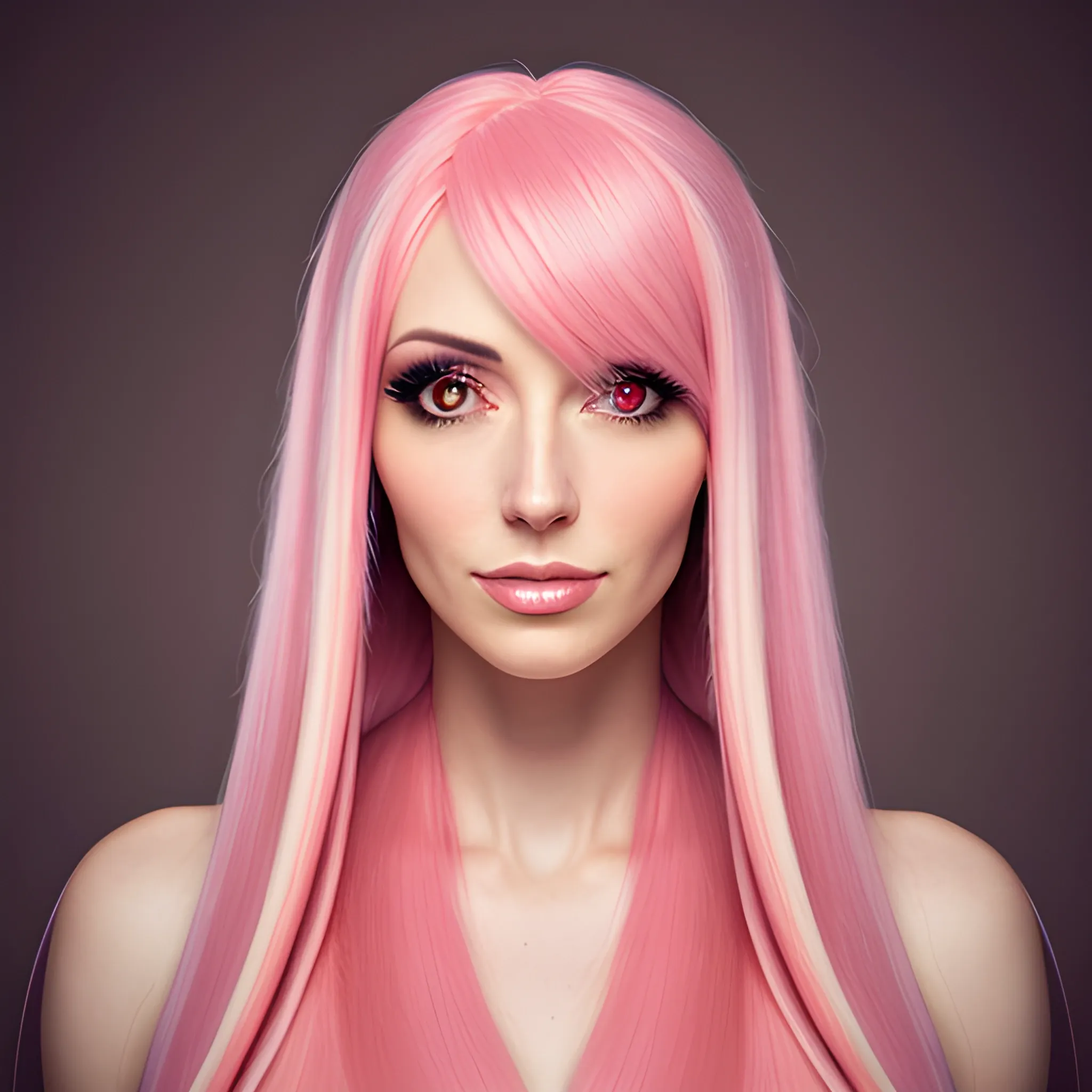 Cute girl with long pink hair. Soft lighting, highlighting the texture and atmosphere