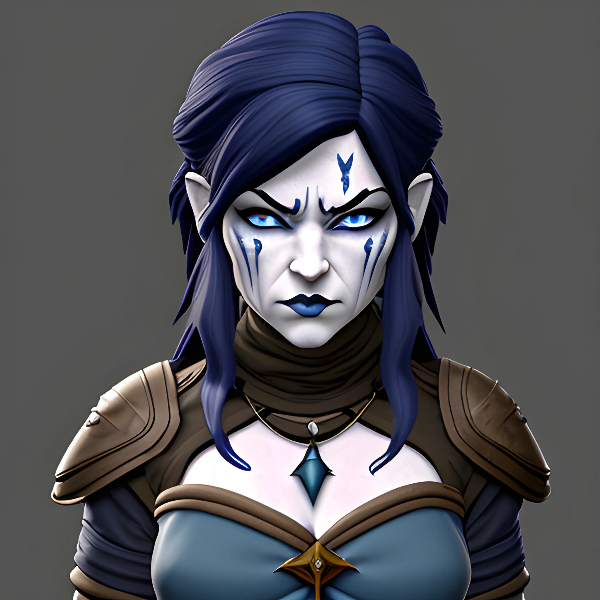 dungeons and dragons, rogue, epic, female, mature, pale, goth, short, halfling, black hair, slight frown, large massive scar across face, dark blue eyes, cartoon, fantasy, 3D