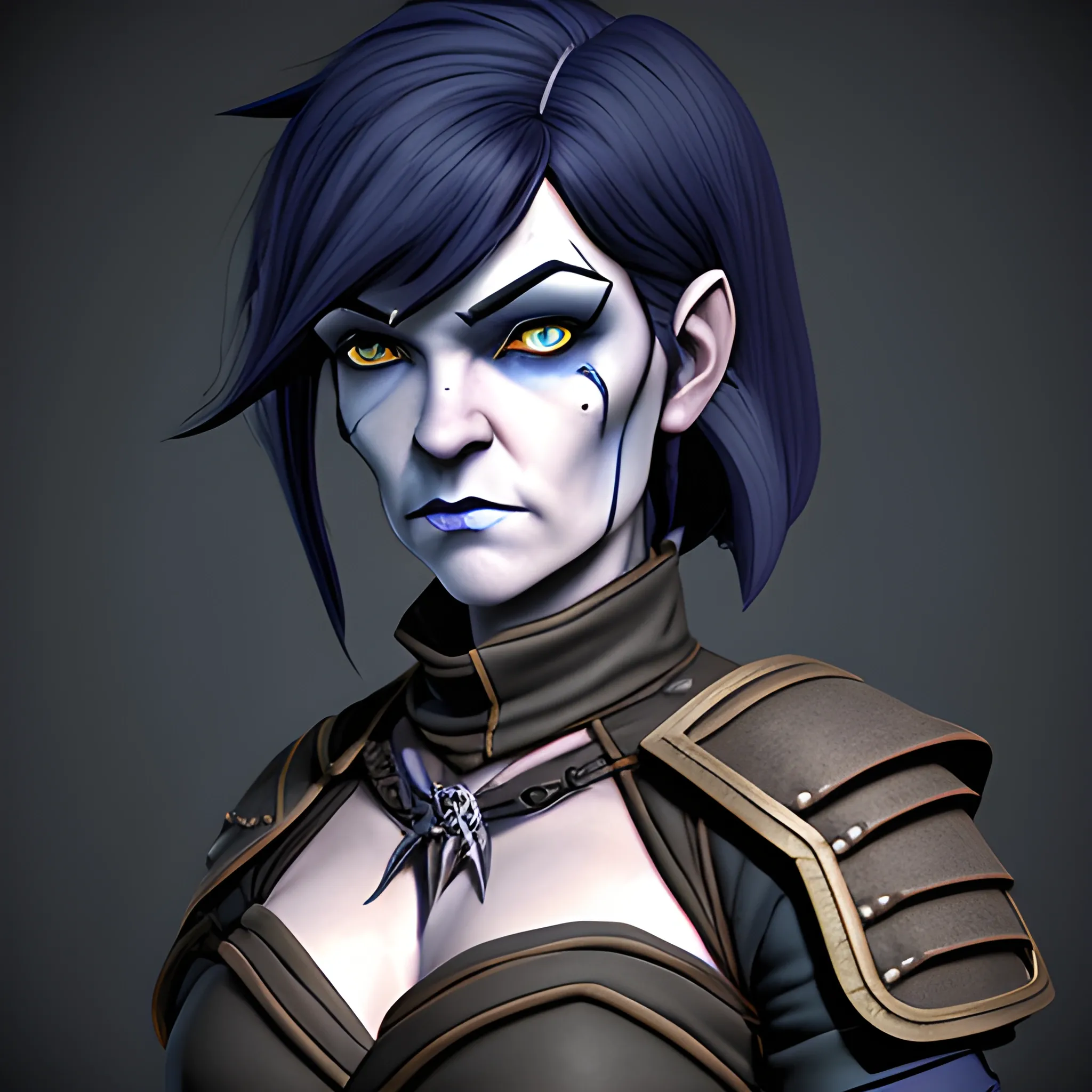 dungeons and dragons, rogue, epic, female, mature, pale, goth, short, halfling, black hair, slight frown, large massive scar across face, dark blue eyes, cartoon, fantasy, 3D