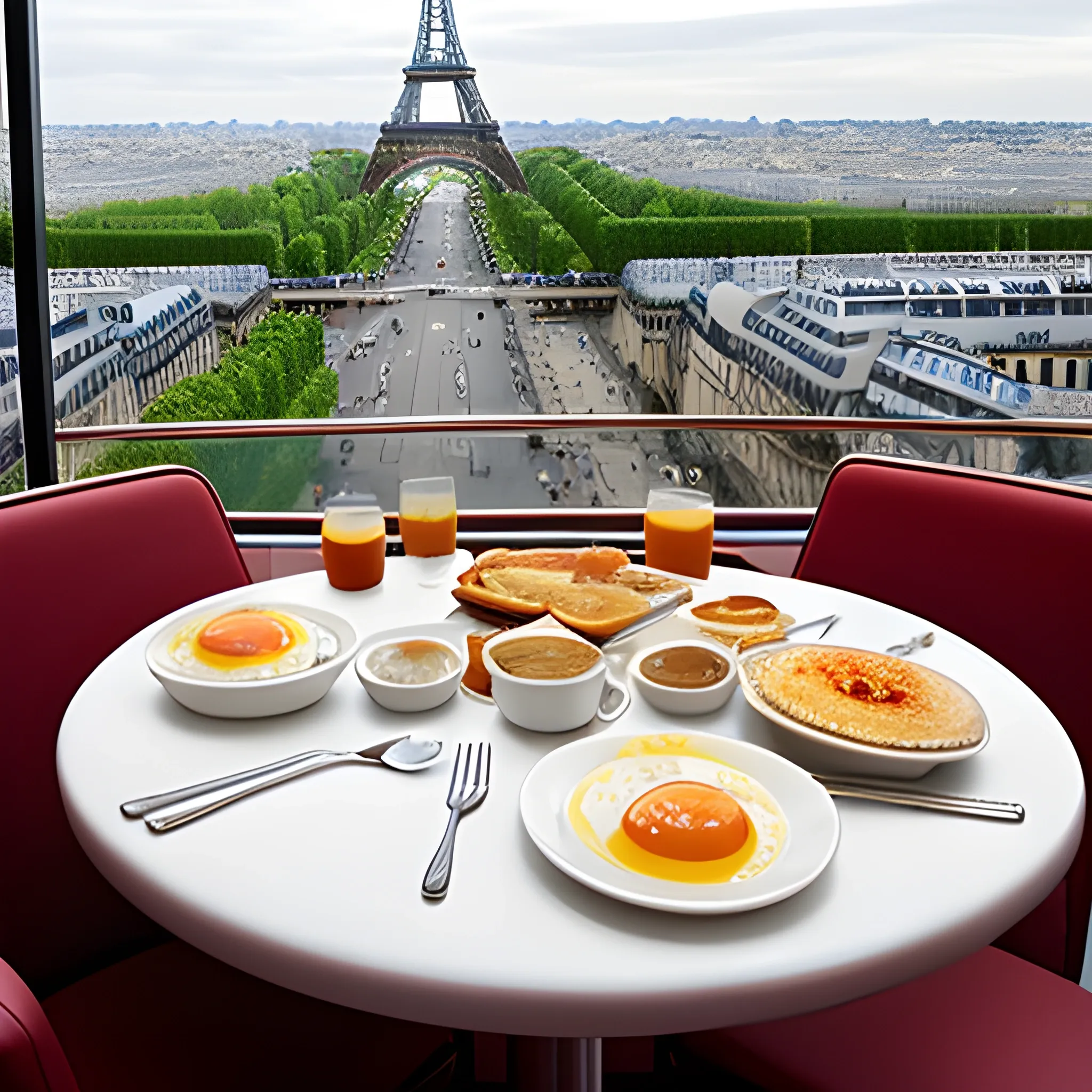 eating breakfast on a restaurant in paris with view on the eiffel tower
