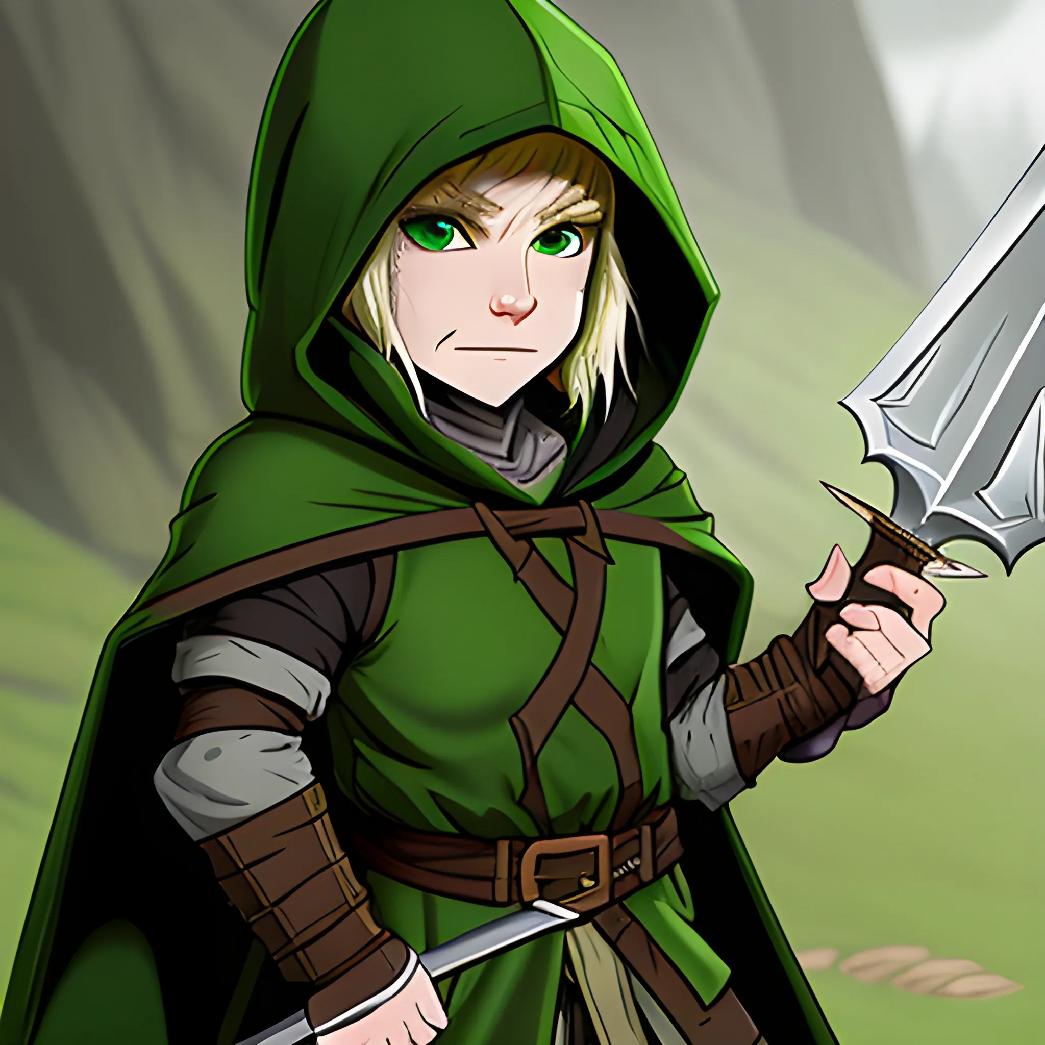 dungeons and dragons, halfling, rogue, green eyes, blonde hair, pale skin, hooded cloak, short, black outfit, green trim, Cartoon, sword, parchment
