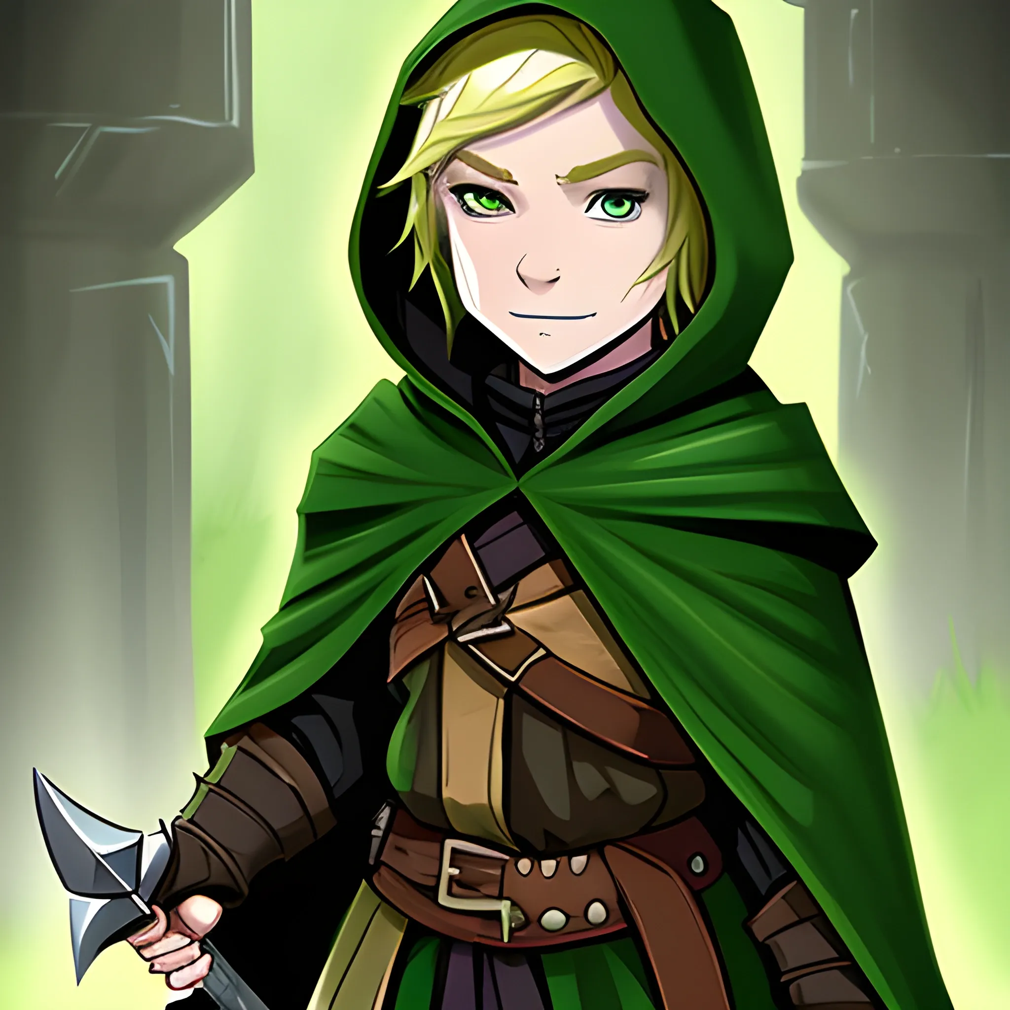 dungeons and dragons, halfling, rogue, green eyes, blonde hair, pale skin, hooded cloak, short, black outfit, green trim, Cartoon, sword, cute
, Cartoon, Cartoon