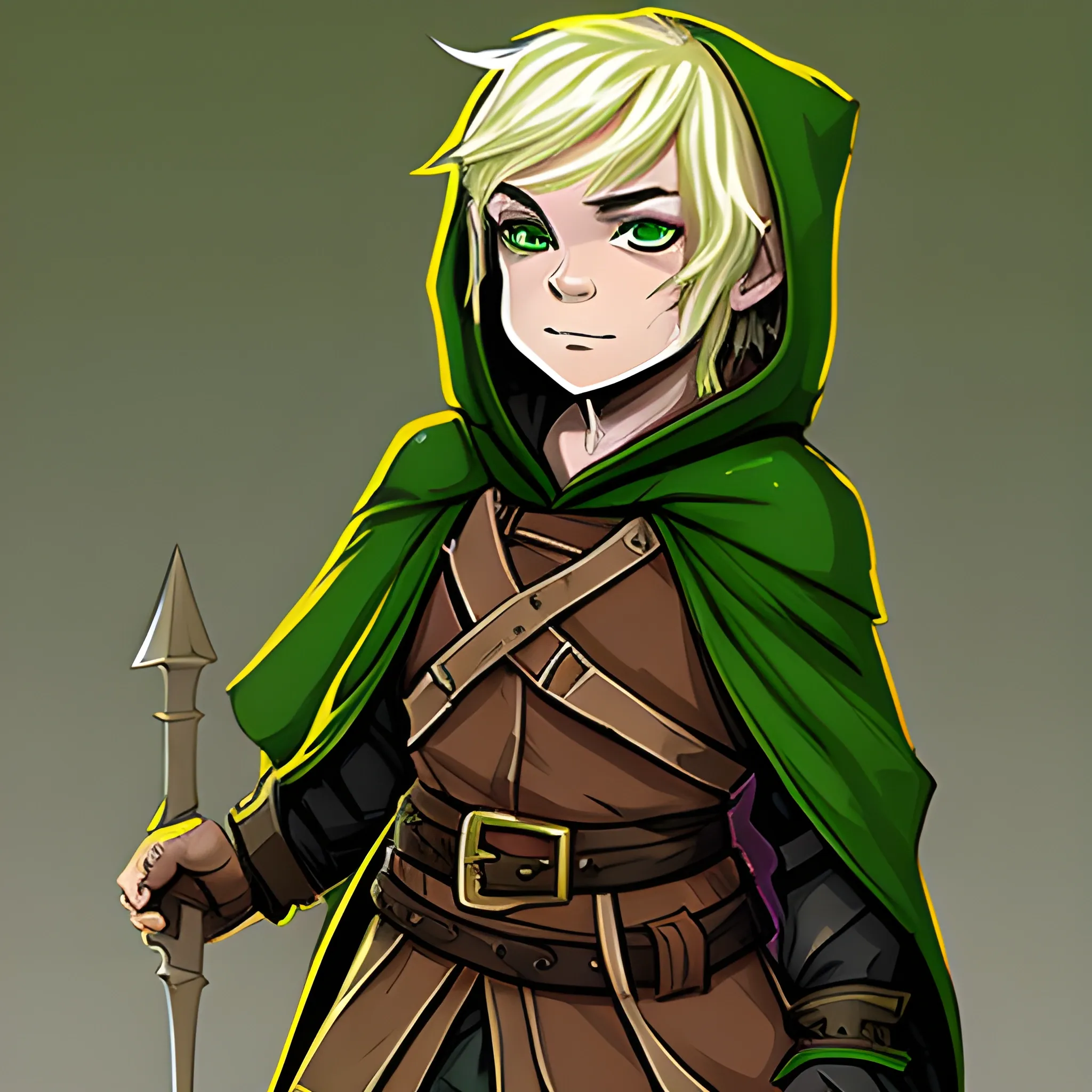 dungeons and dragons, halfling, rogue, green eyes, blonde hair, pale skin, hooded cloak, short, black outfit, green trim, Cartoon, shortsword, cute
