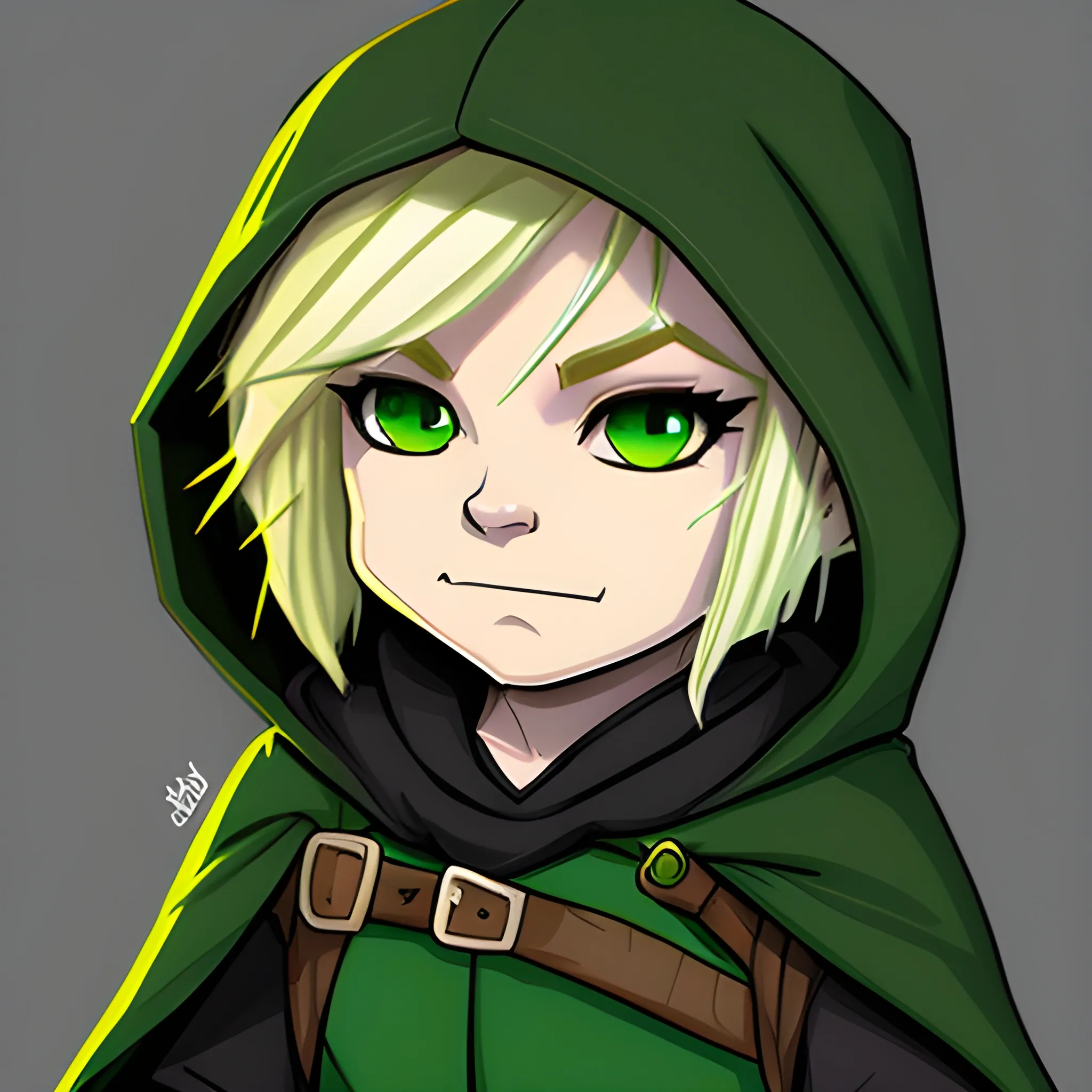 dungeons and dragons, halfling, rogue, green eyes, blonde hair, pale skin, hooded cloak, short, black outfit, green trim, Cartoon, short sword, cute
