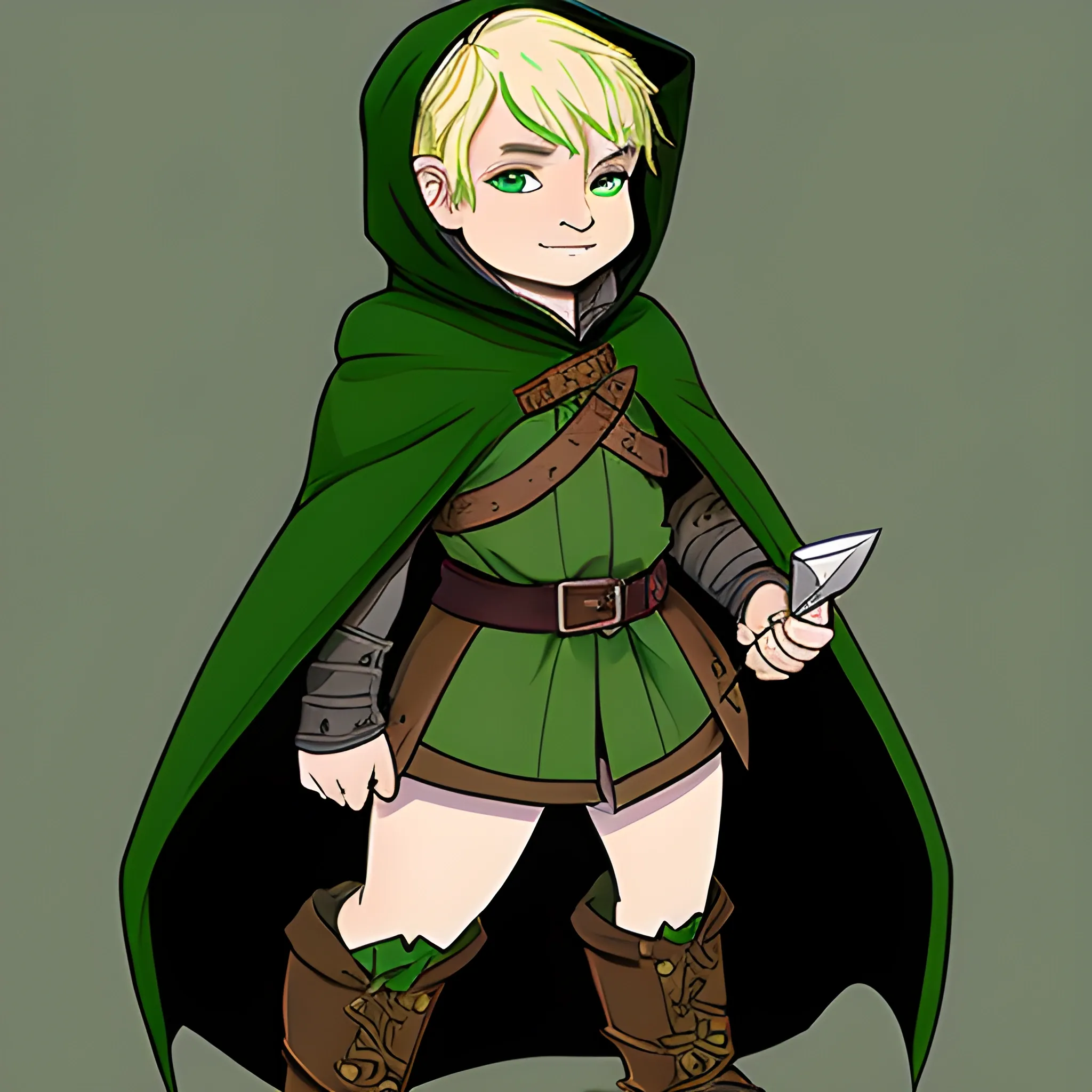 dungeons and dragons, halfling, rogue, green eyes, blonde hair, pale skin, hooded cloak, short, black outfit, green trim, Cartoon, short sword, cute, boots
