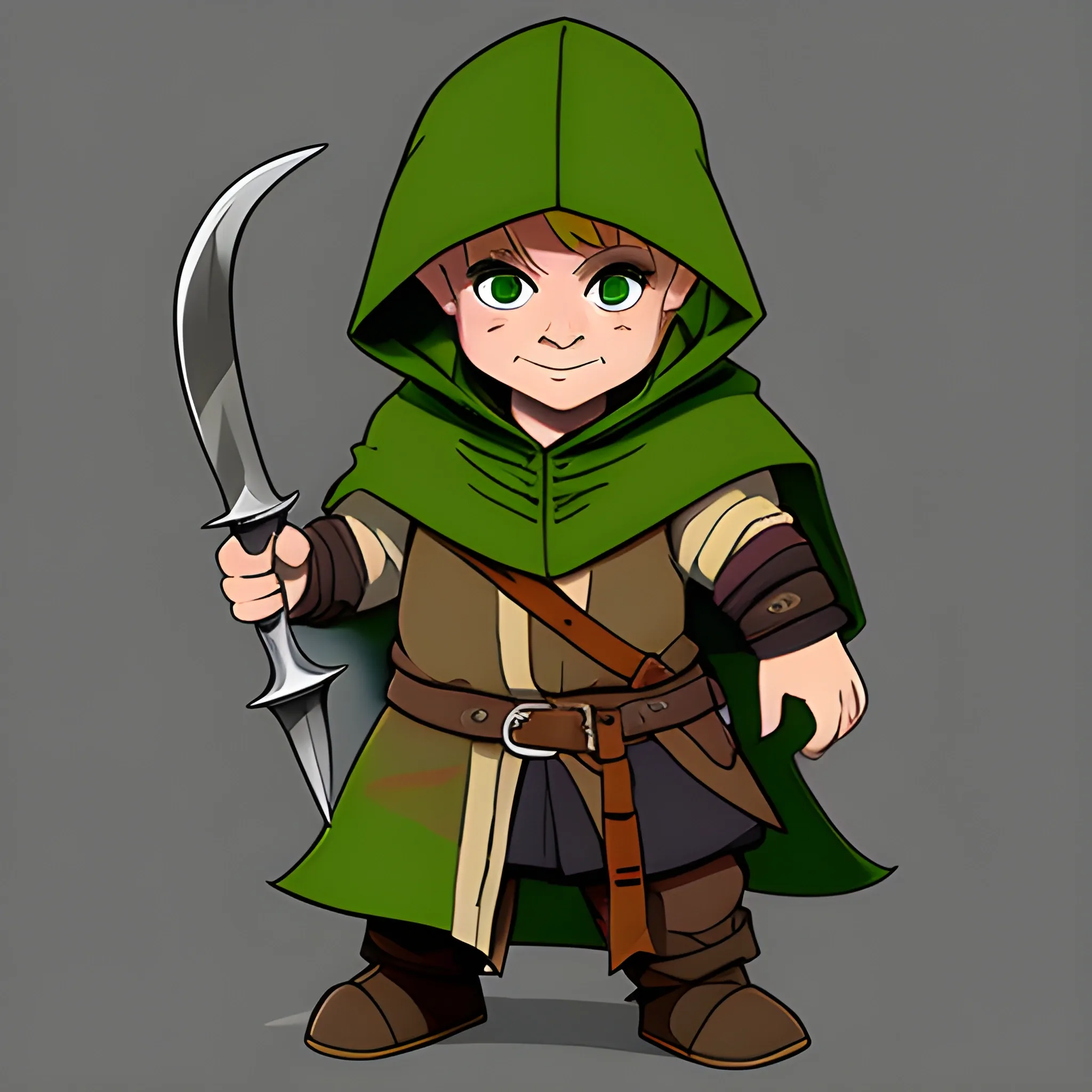 dungeons and dragons, halfling, rogue, green eyes, blonde hair, tan skin, hooded cloak, short, black outfit, green trim, Cartoon, sword, parchment