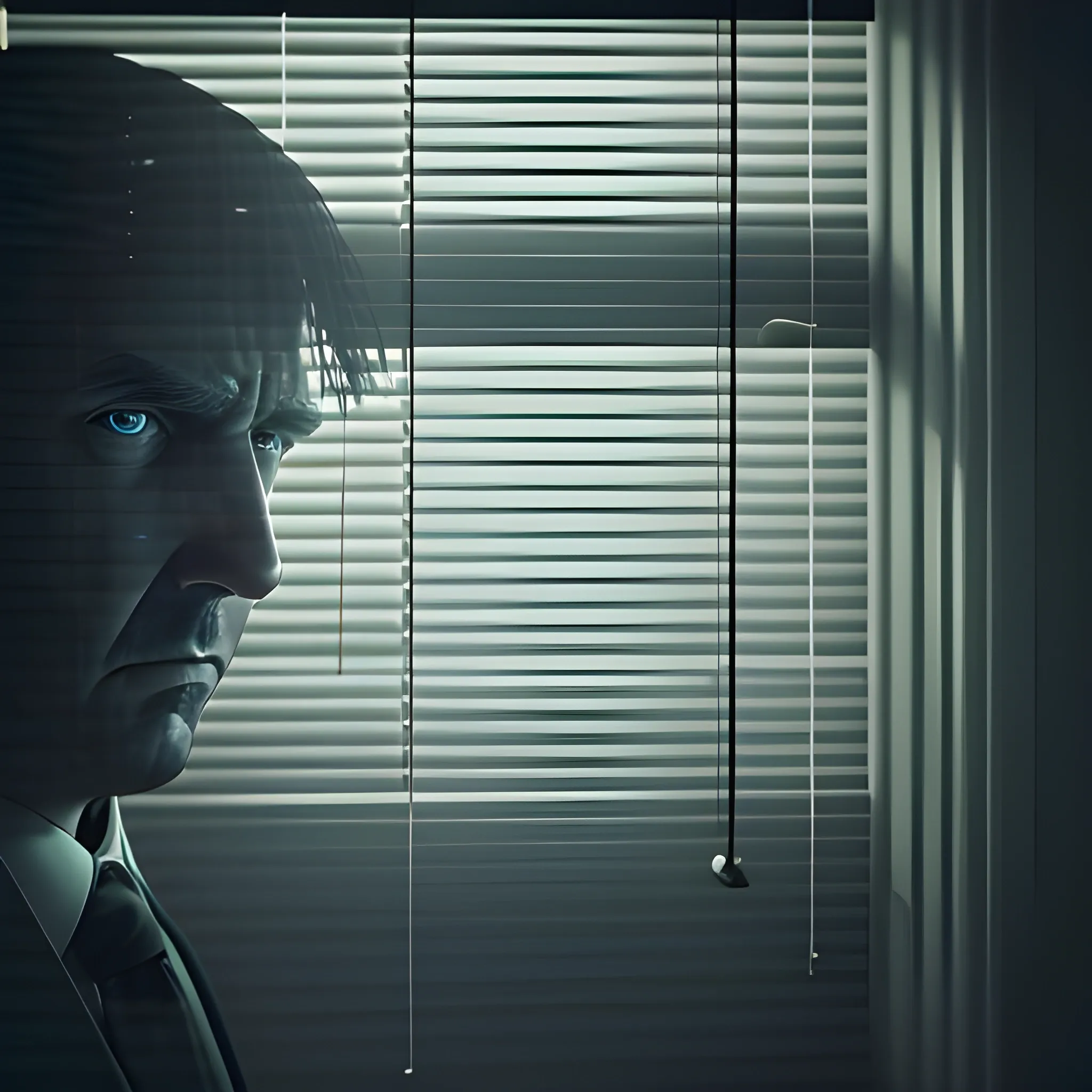 A paranoid-looking businessman peeking through window blinds, dimly lit office at night, mysterious, ominous, sad atmosphere, detailed. cinematically dramatic, extremely detailed, 8k, photorealistic, ultra detailed, hyper realistic, award winning photo, cinematic view, stability