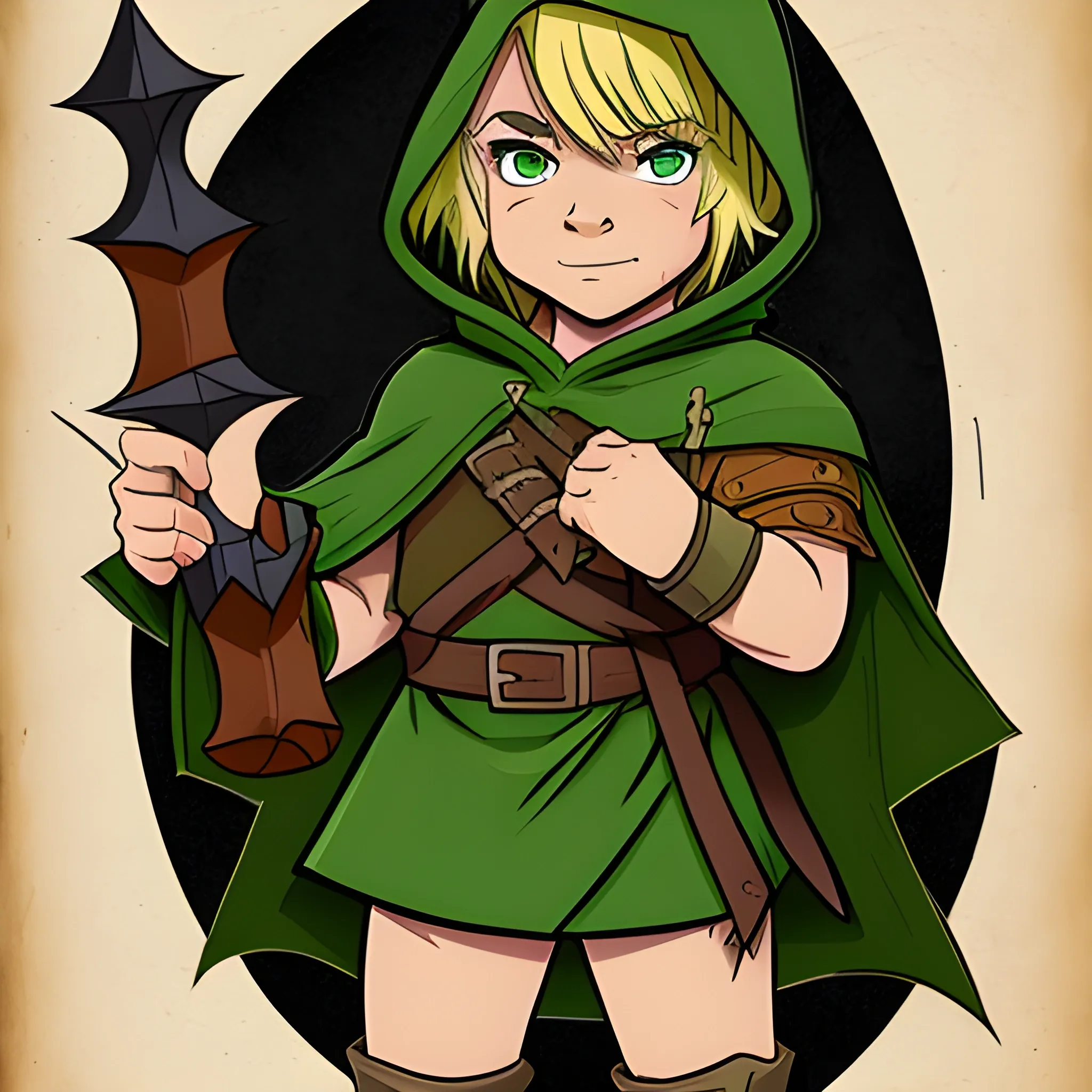 dungeons and dragons, halfling, rogue, green eyes, blonde hair, tan skin, hooded cloak, short, black outfit, green trim, Cartoon, dagger, parchment