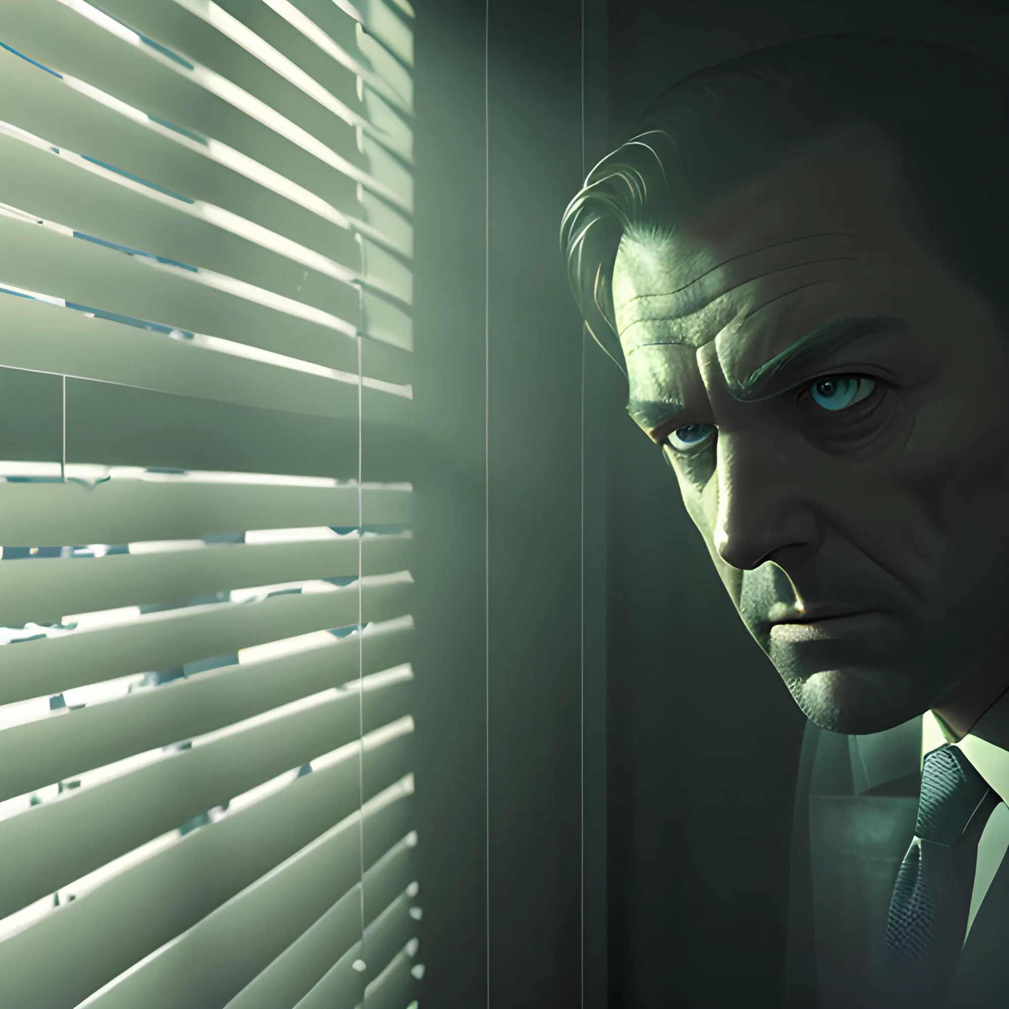 A paranoid-looking businessman peeking through window blinds, dimly lit office at night, mysterious, ominous, sad atmosphere, detailed. cinematically dramatic, extremely detailed, 8k, photorealistic, ultra detailed, hyper realistic, award winning photo, cinematic view, stability