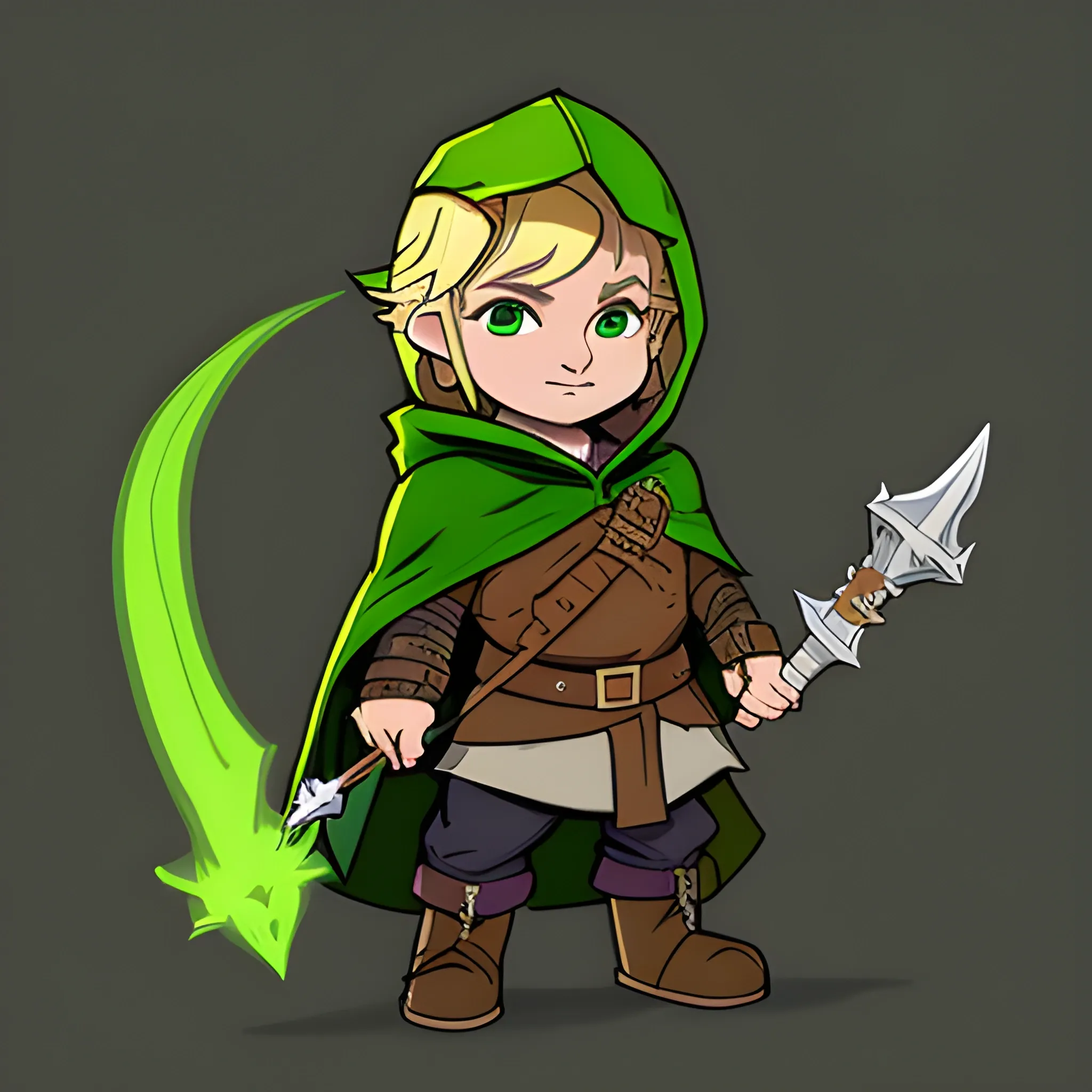 dungeons and dragons, cute, short, halfling, rogue, green eyes, blonde hair, tan skin, hooded cloak, black outfit, green trim, Cartoon, dagger, parchment