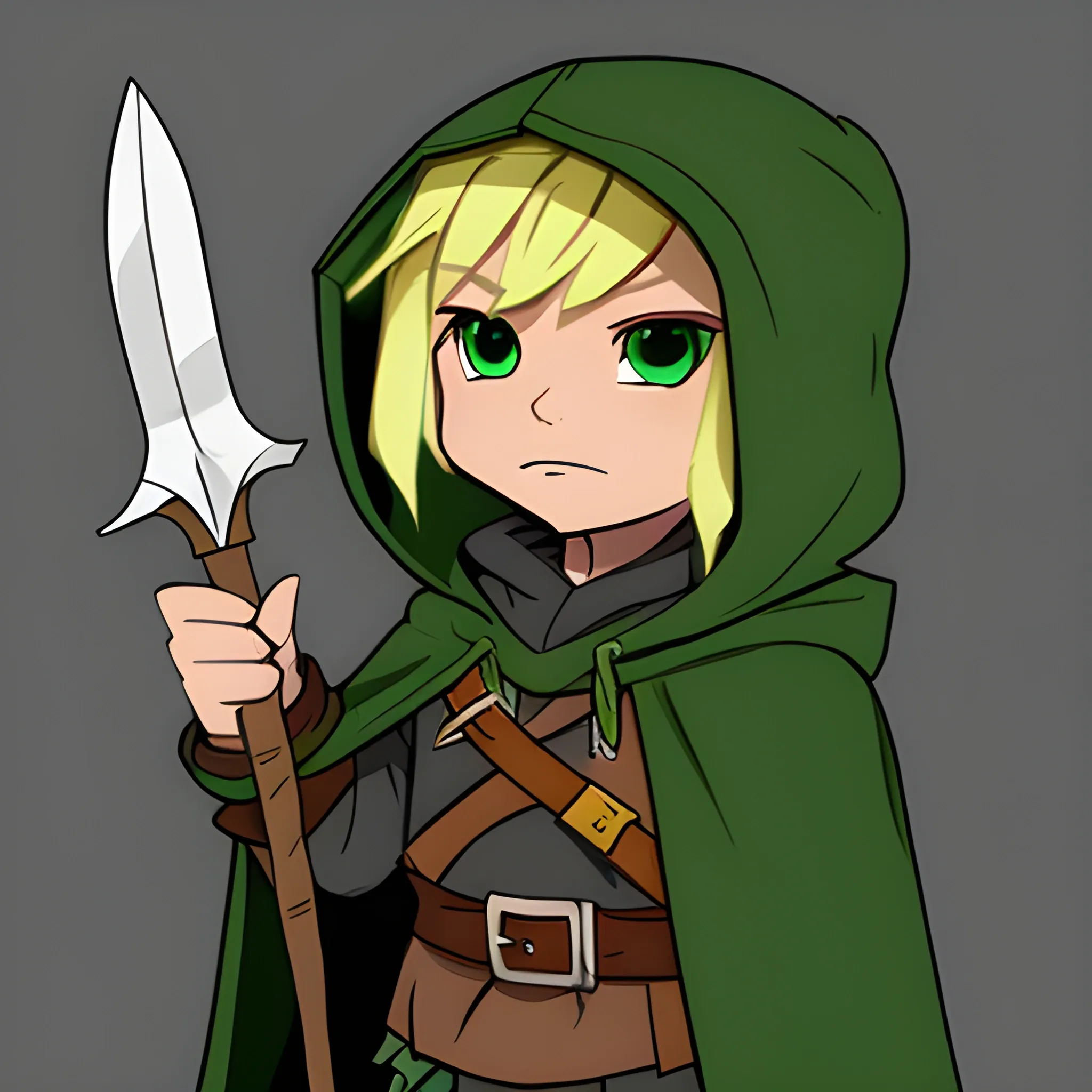 dungeons and dragons, cute, short, halfling, rogue, green eyes, blonde hair, tan skin, hooded cloak, black outfit, green trim, Cartoon, simple dagger