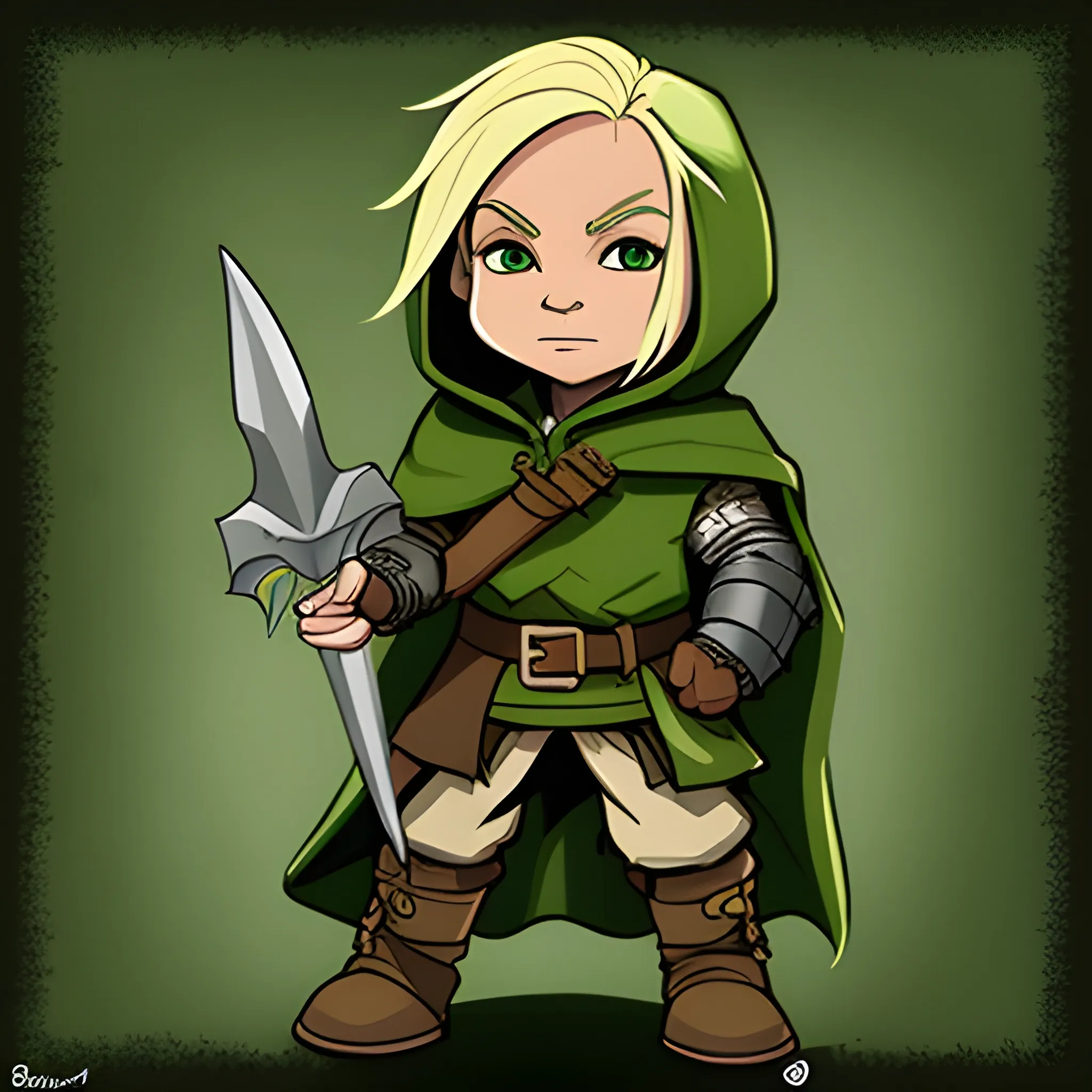 dungeons and dragons, cute, short, halfling, rogue, green eyes, blonde hair, tan skin, hooded cloak, black outfit, green trim, Cartoon, simple dagger