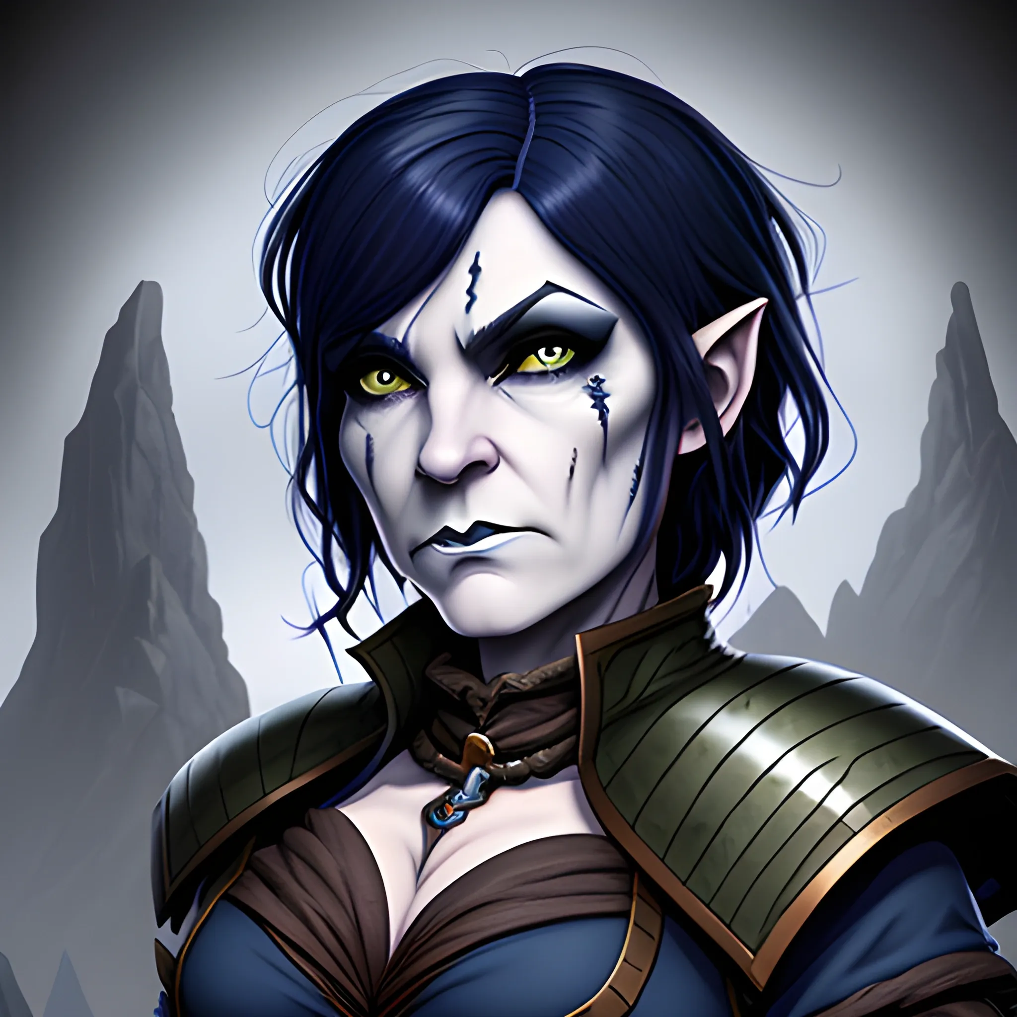 dungeons and dragons, rogue, epic, female, mature, pale, goth, short, halfling, black hair, slight frown, large massive scar across face, dark blue eyes, cartoon, fantasy, 3D