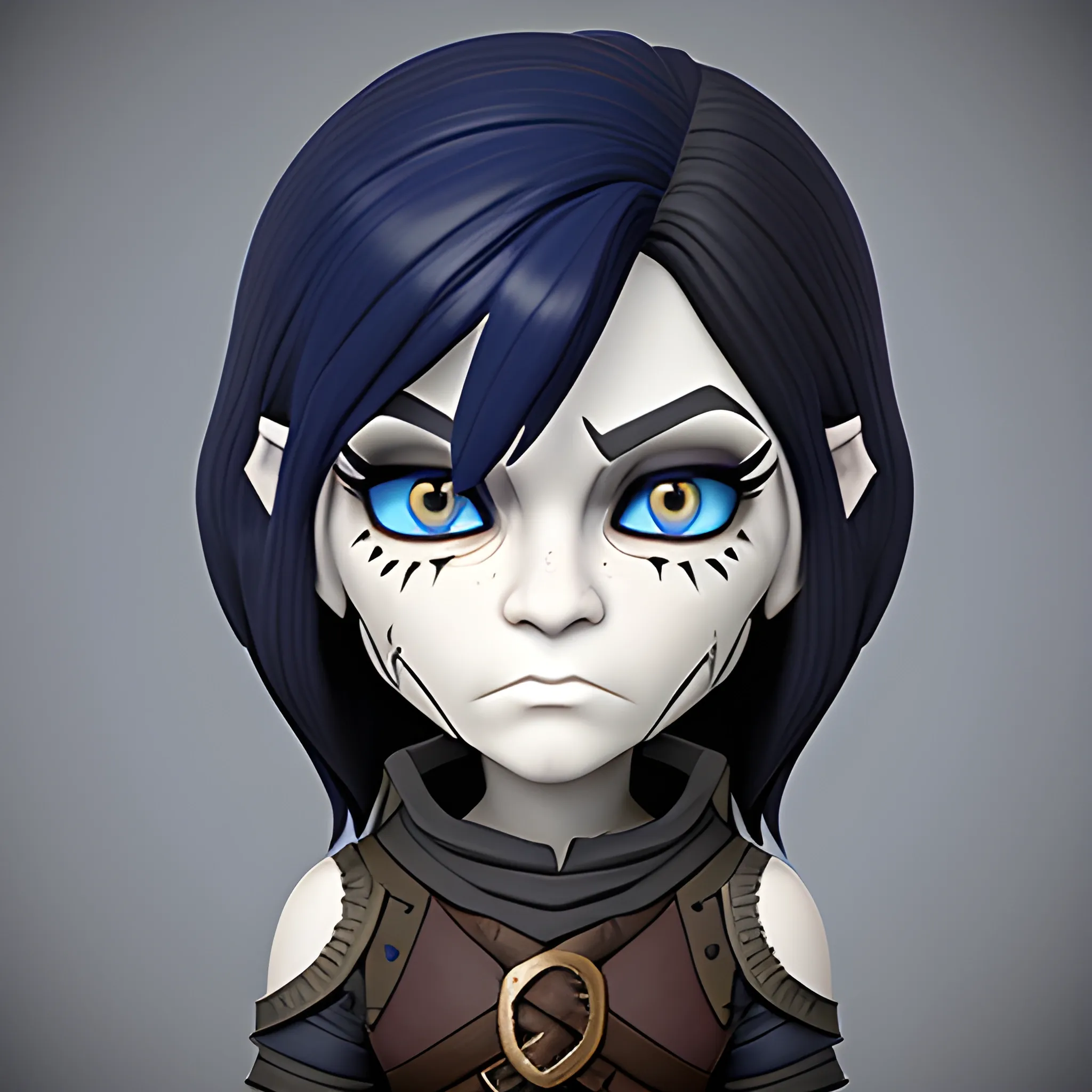 dungeons and dragons, rogue, epic, female, mature, pale, goth, short, halfling, black hair, slight frown, large massive scar across face, dark blue eyes, cartoon, fantasy, 3D